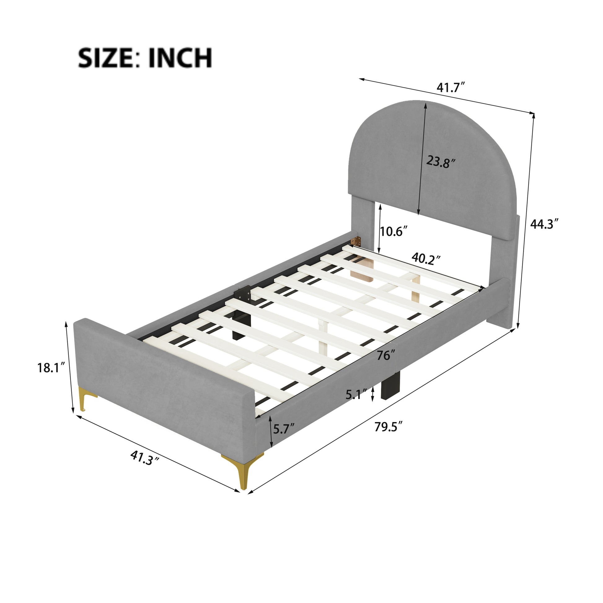 Twin Size Upholstered Platform Bed With Classic Semi Circle Shaped Headboard And Mental Legs, Velvet, Gray Gray Velvet