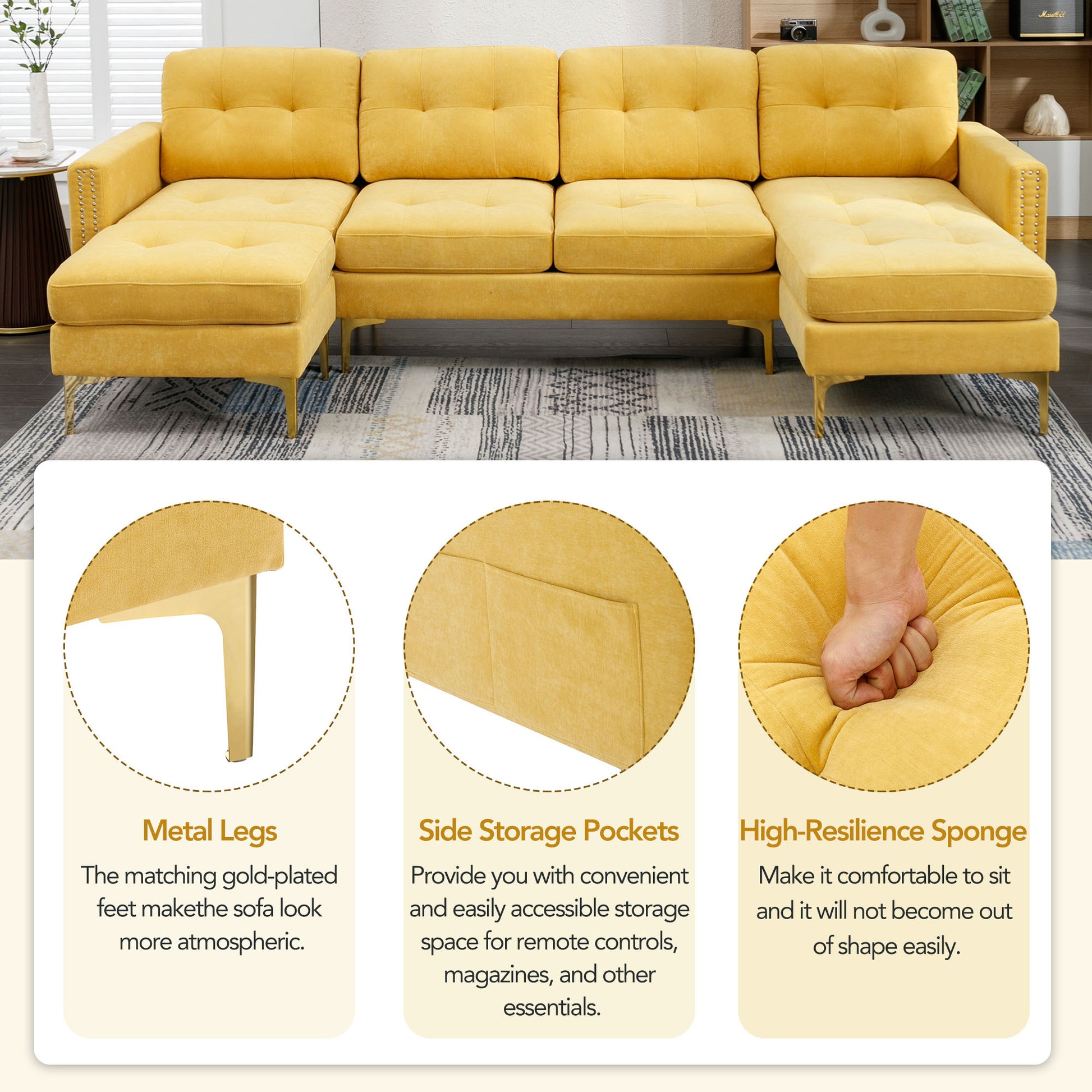 110" L Shape Convertible Sectional Sofa Couch With Movable Ottoman For Living Room, Apartment, Office, Yellow Yellow Foam Velvet 4 Seat