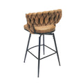 Technical Leather Woven Bar Stool Set Of 2,Black Legs Barstools No Adjustable Kitchen Island Chairs,360 Swivel Bar Stools Upholstered Bar Chair Counter Stool Arm Chairs With Back Footrest, Brown Metal Brown Kitchen Dining Chairs Foam Technical Leather