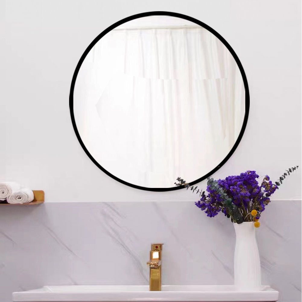 Tempered Mirror 28" Wall Circle Mirror For Bathroom, Black Round Mirror For Wall, 20 Inch Hanging Round Mirror For Living Room, Vanity, Bedroom Black Glass