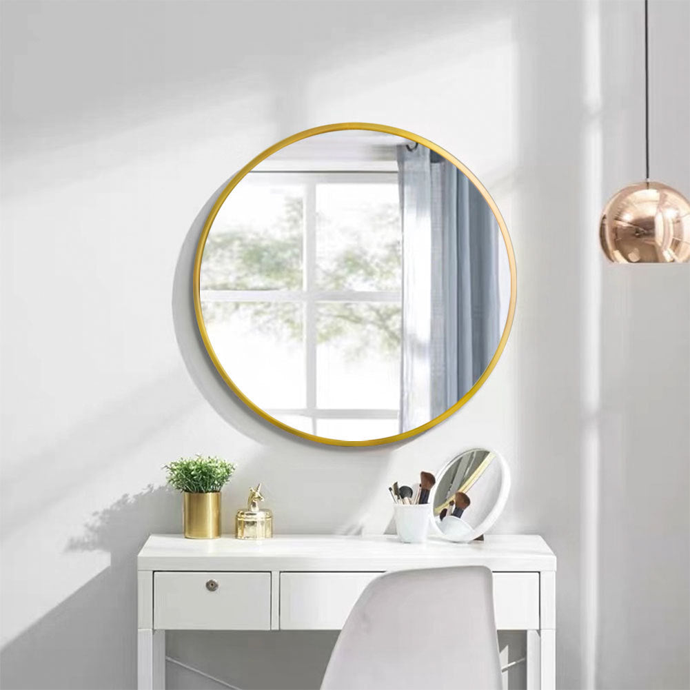 Tempered Mirror 28" Wall Circle Mirror For Bathroom, Gold Round Mirror For Wall, 20 Inch Hanging Round Mirror For Living Room, Vanity, Bedroom Gold Glass