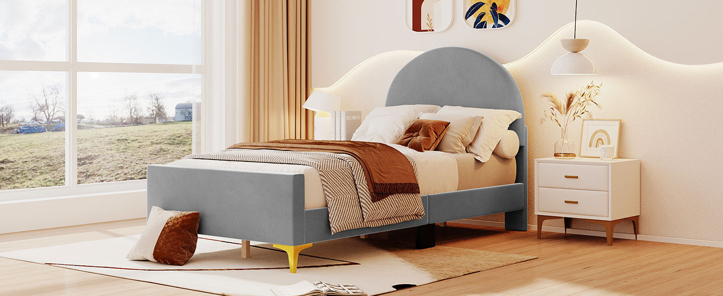 Twin Size Upholstered Platform Bed With Classic Semi Circle Shaped Headboard And Mental Legs, Velvet, Gray Gray Velvet