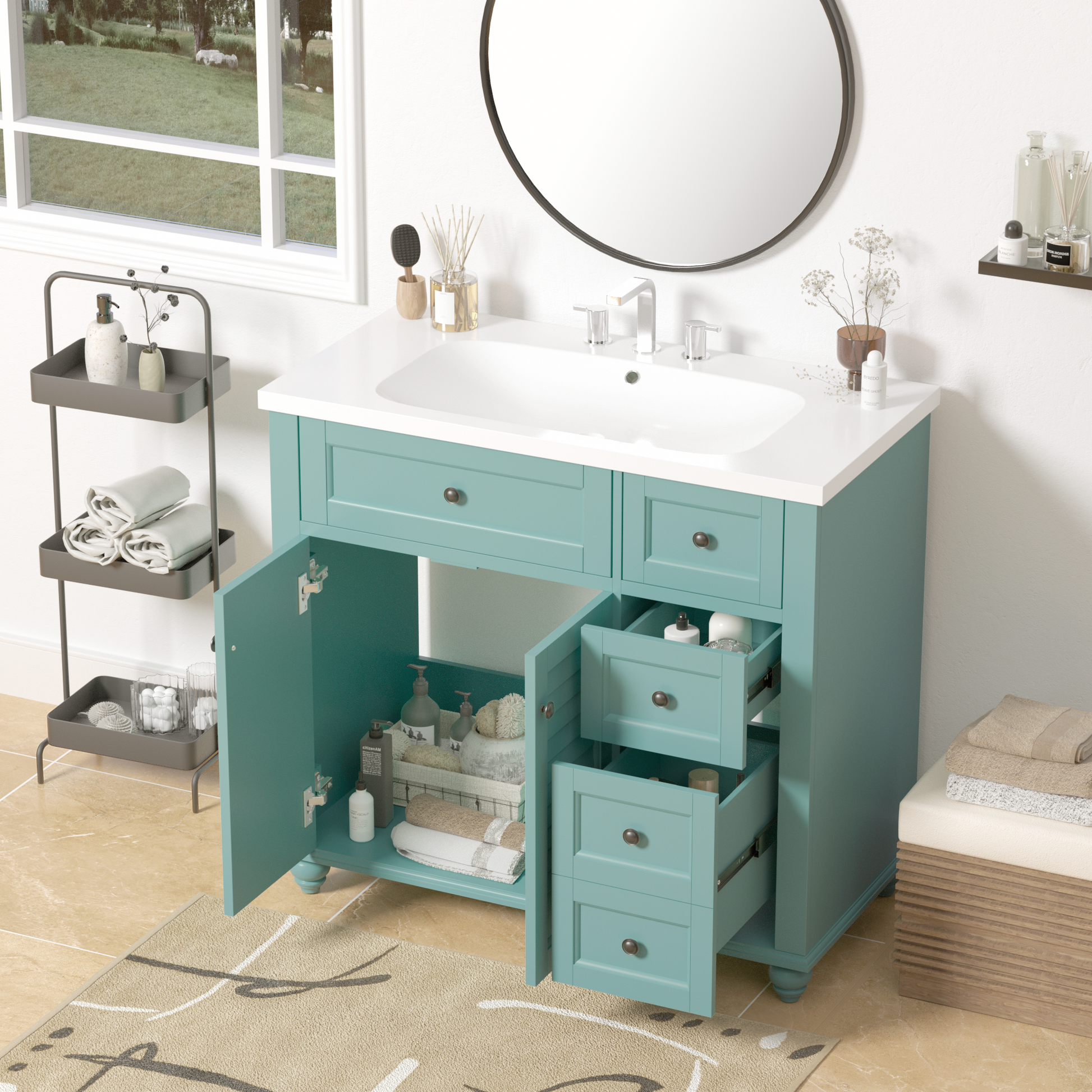 36'' Bathroom Vanity With Undermount Sink,Free Standing Vanity Set With 2 Drawers& Soft Closing Doors,Solid Wood Frame Bathroom Storage Cabinet Same As Sw000117Aaf Blue Green Bathroom Modern Solid