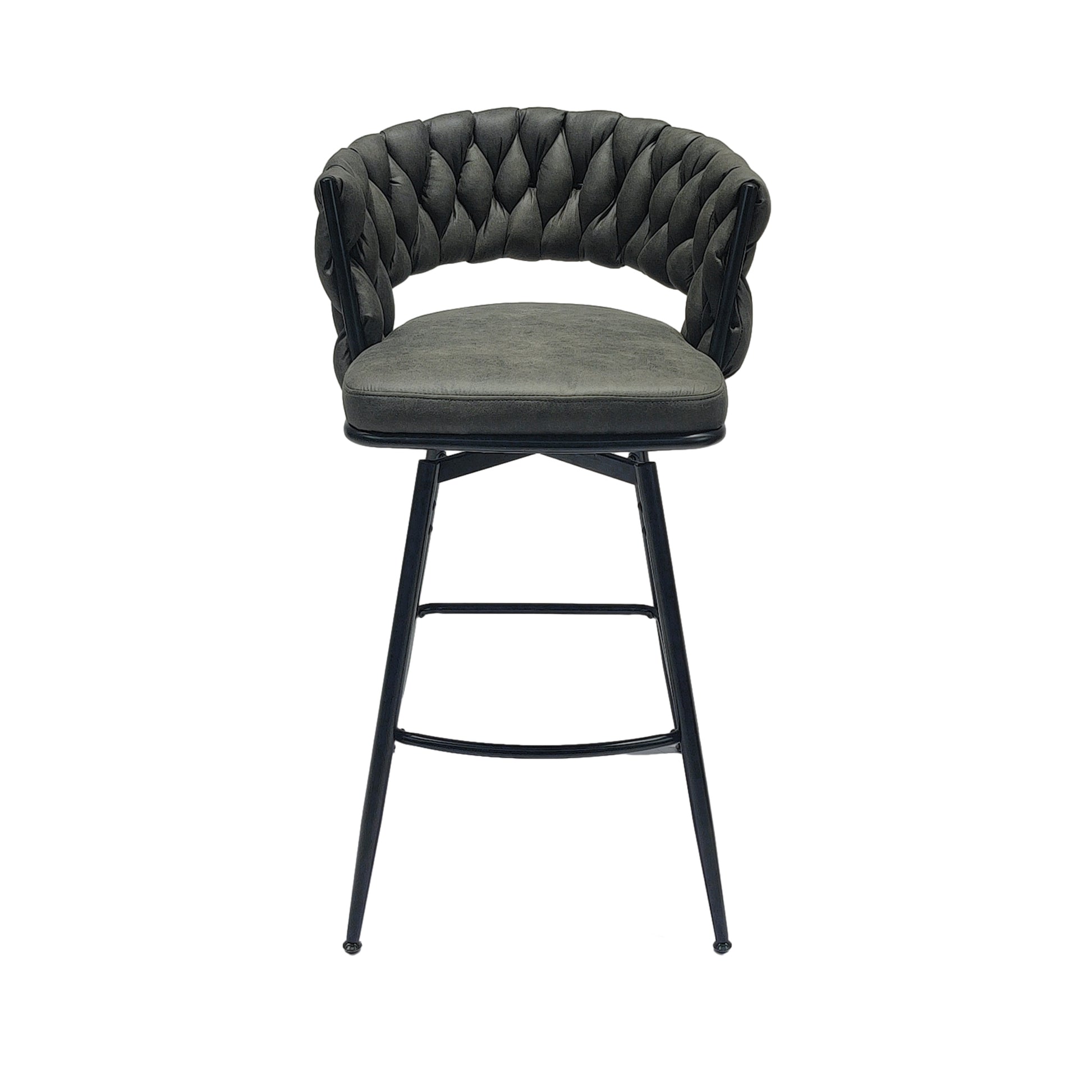 Technical Leather Woven Bar Stool Set Of 2,Black Legs Barstools No Adjustable Kitchen Island Chairs,360 Swivel Bar Stools Upholstered Counter Stool Arm Chairs With Back Footrest, Tan Metal Black Brown Kitchen Dining Chairs Foam Technical Leather