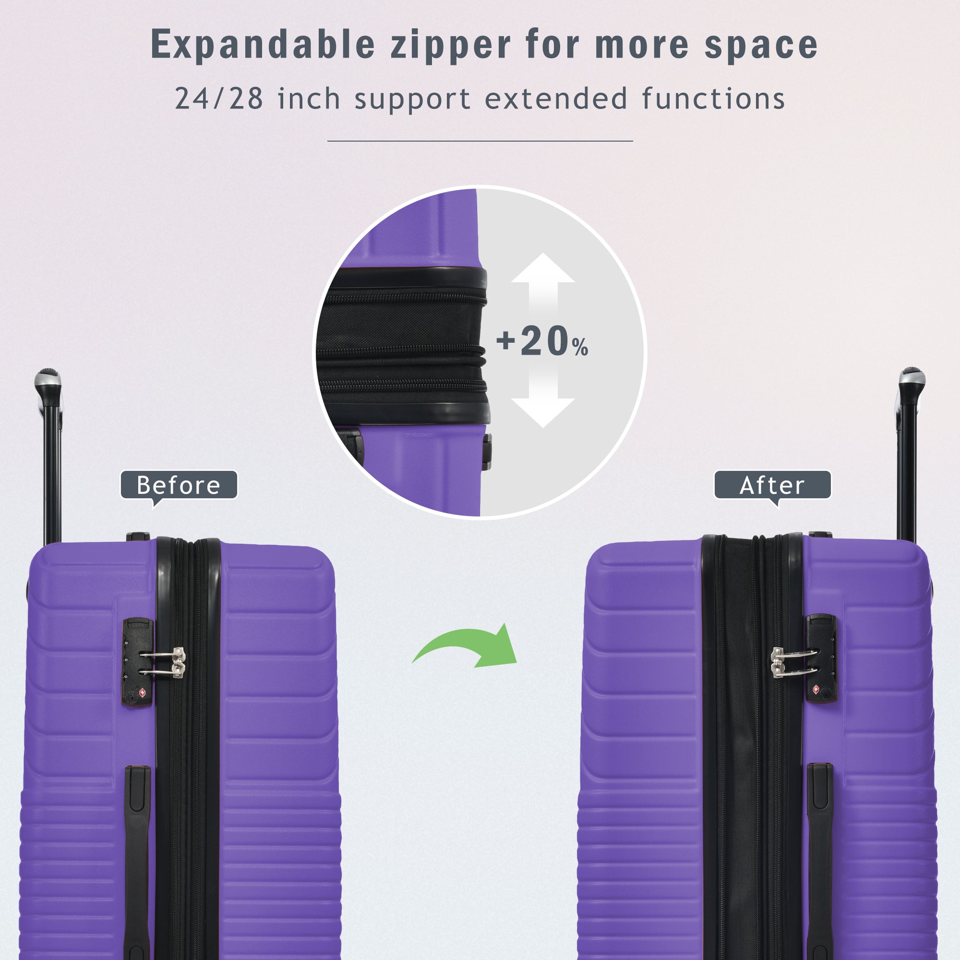 Hardshell Luggage Sets 3 Piece Double Spinner 8 Wheels Suitcase With Tsa Lock Lightweight 20''24''28'' Purple Abs