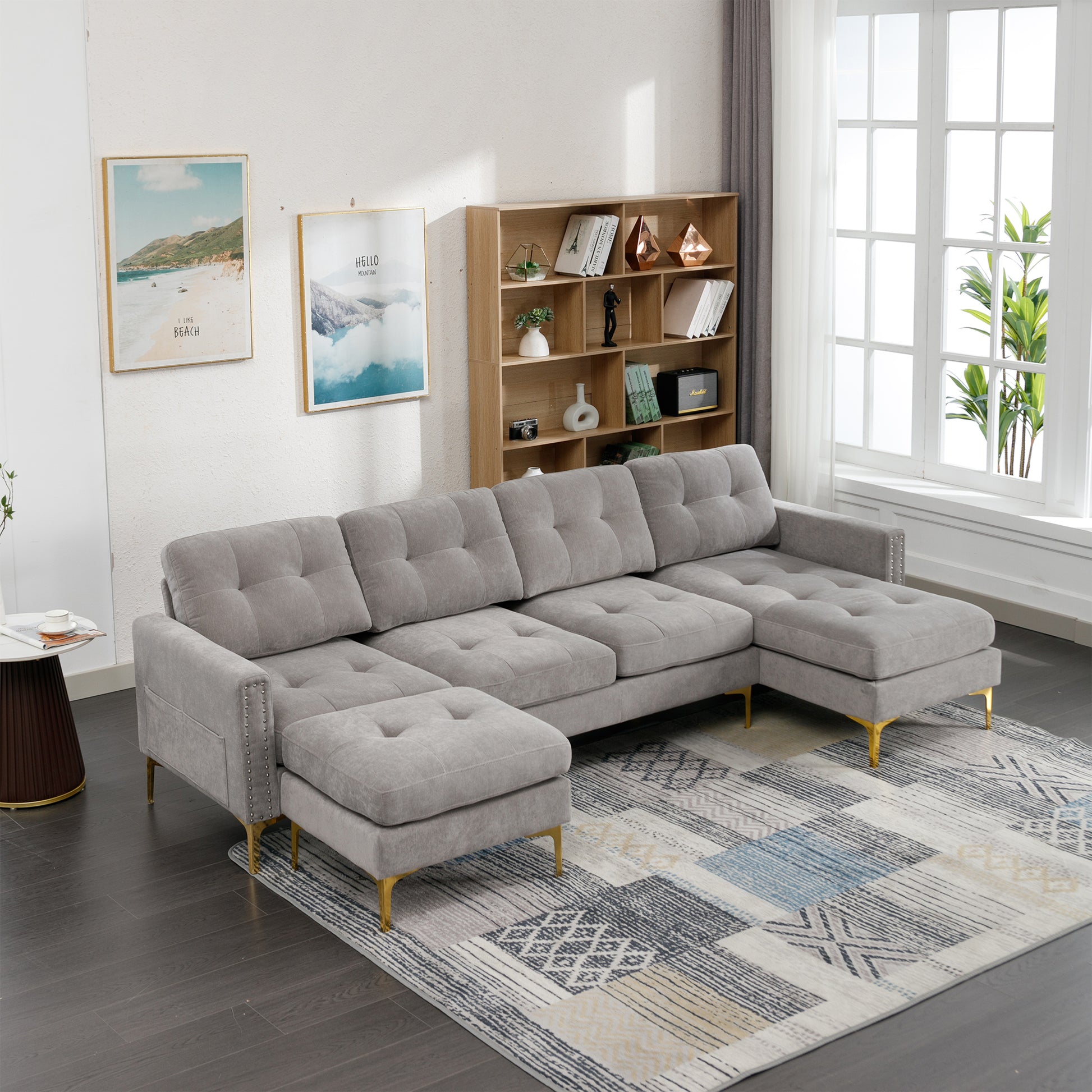 110" L Shape Convertible Sectional Sofa Couch With Movable Ottoman For Living Room, Apartment, Office, Light Grey Light Grey Foam Velvet 4 Seat