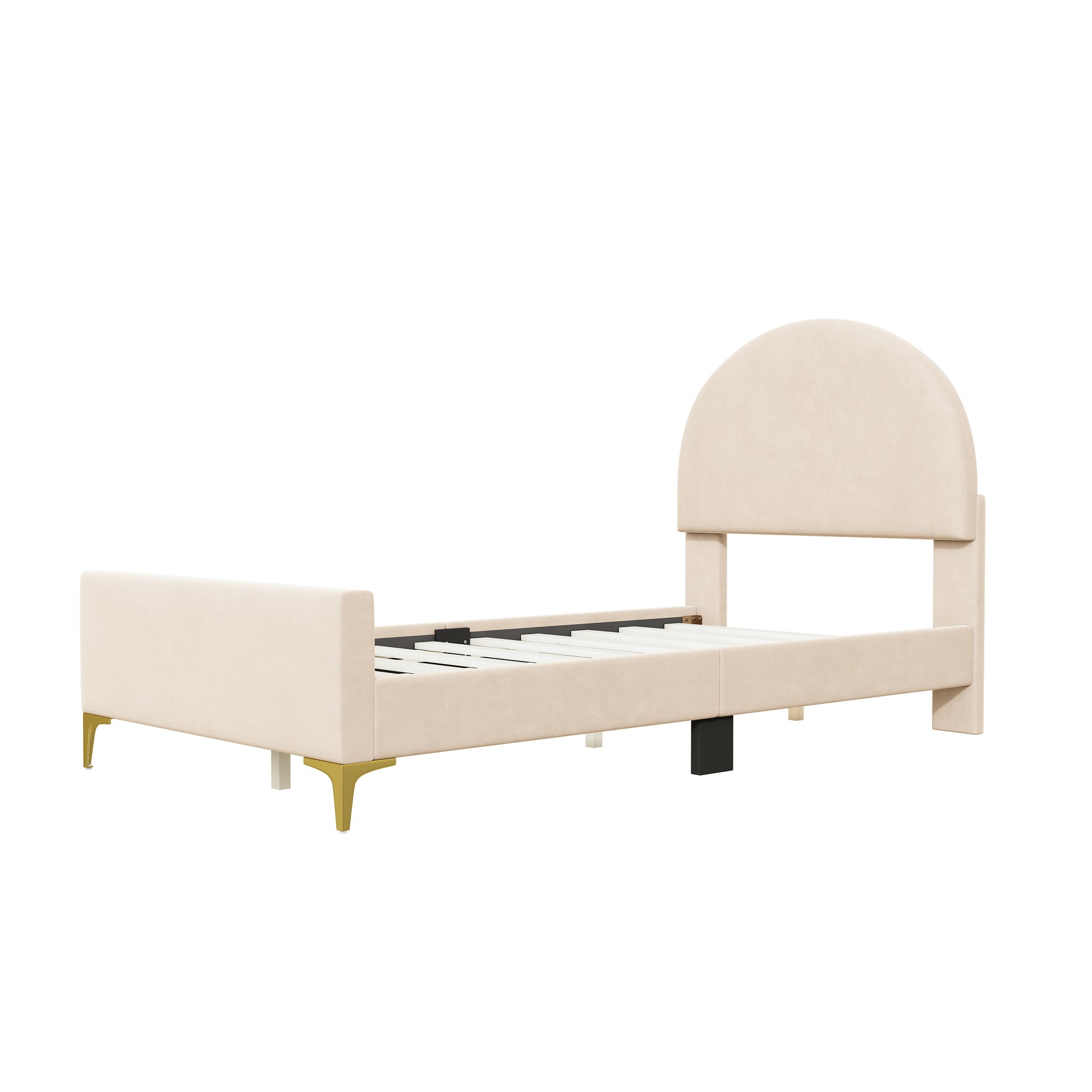 Twin Size Upholstered Platform Bed With Classic Semi Circle Shaped Headboard And Mental Legs, Velvet, Beige Beige Velvet