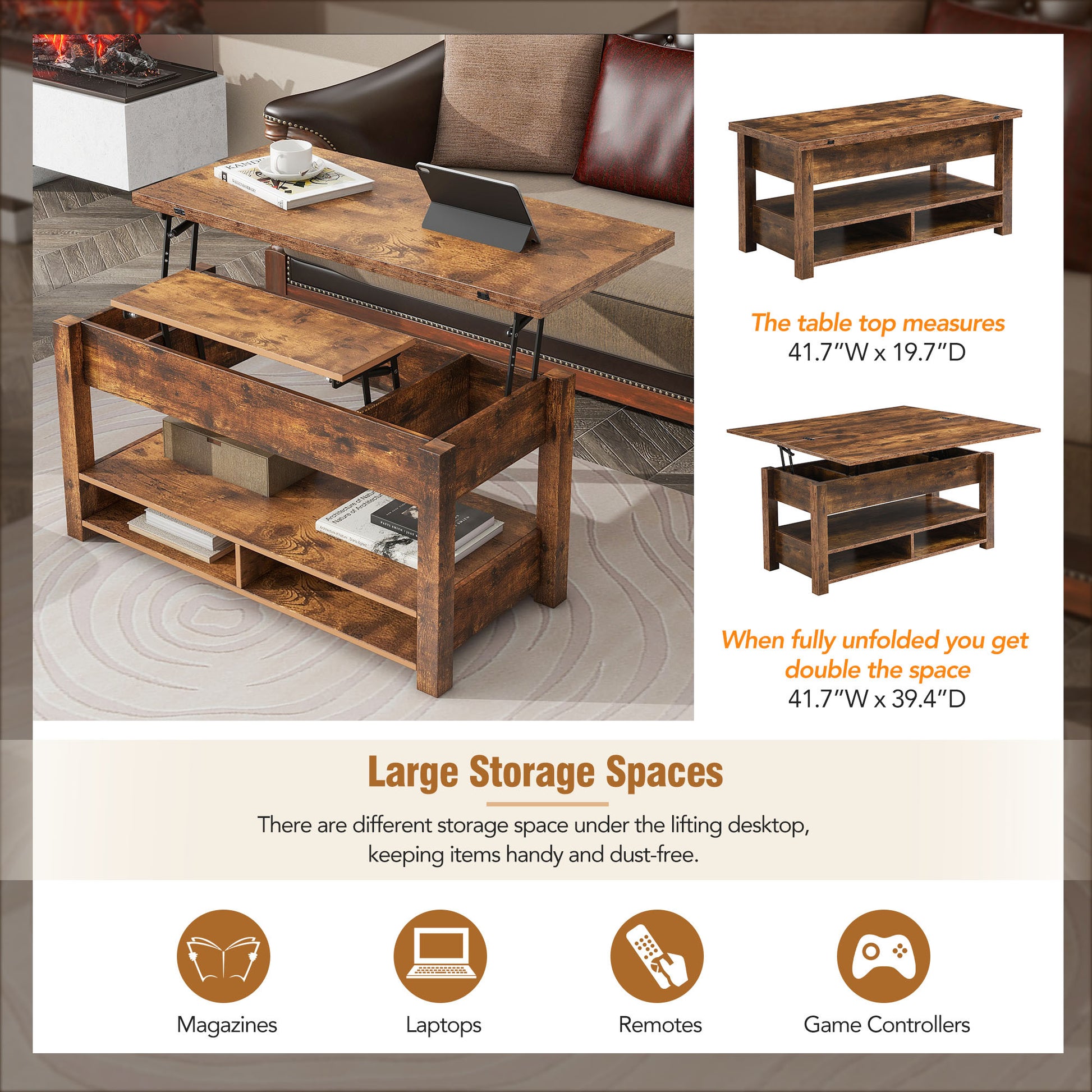 Lift Top Coffee Table, Multi Functional Coffee Table With Open Shelves, Modern Lift Tabletop Dining Table For Living Room, Home Office, Rustic Brown Rustic Brown Primary Living Space Particle Board