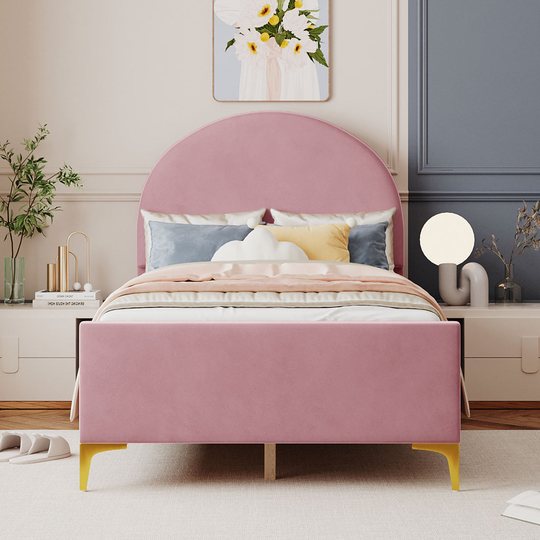 Twin Size Upholstered Platform Bed With Classic Semi Circle Shaped Headboard And Mental Legs, Velvet, Pink Pink Velvet