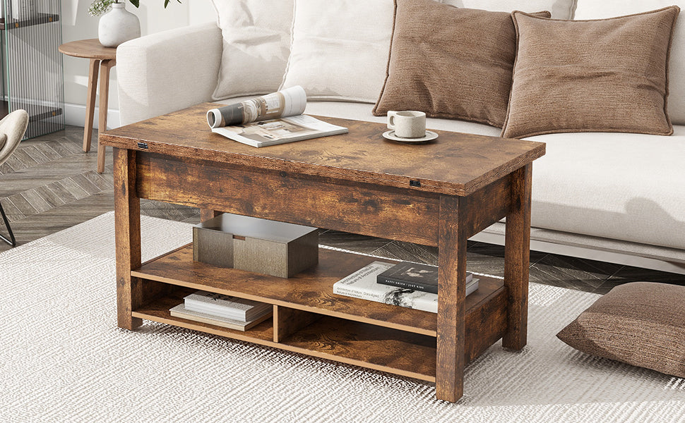 Lift Top Coffee Table, Multi Functional Coffee Table With Open Shelves, Modern Lift Tabletop Dining Table For Living Room, Home Office, Rustic Brown Rustic Brown Primary Living Space Particle Board