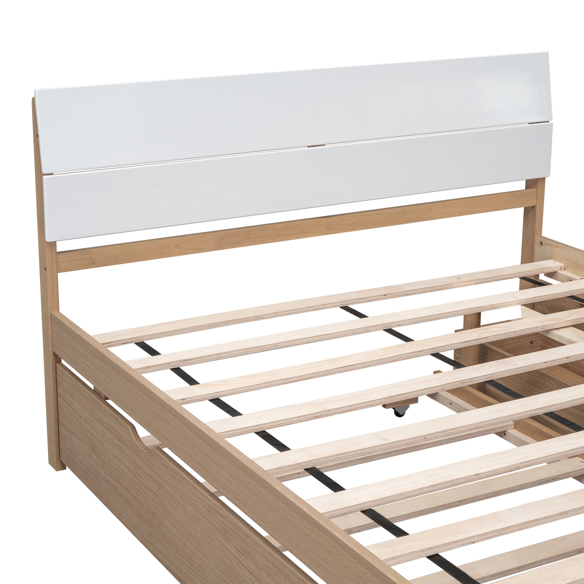 Modern Full Bed Frame With Twin Size Trundle And 2 Drawers For White High Gloss With Light Oak Color White Oak Solid Wood Mdf