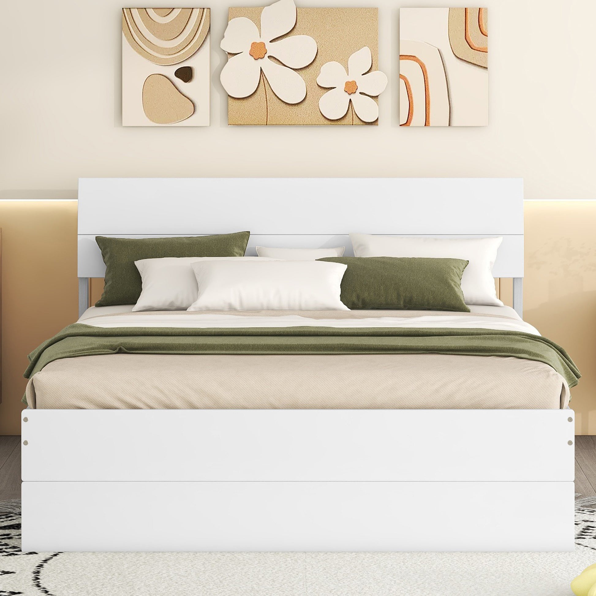 Modern Full Bed Frame With Twin Size Trundle And 2 Drawers For White High Gloss And Washed White Color White Solid Wood Mdf