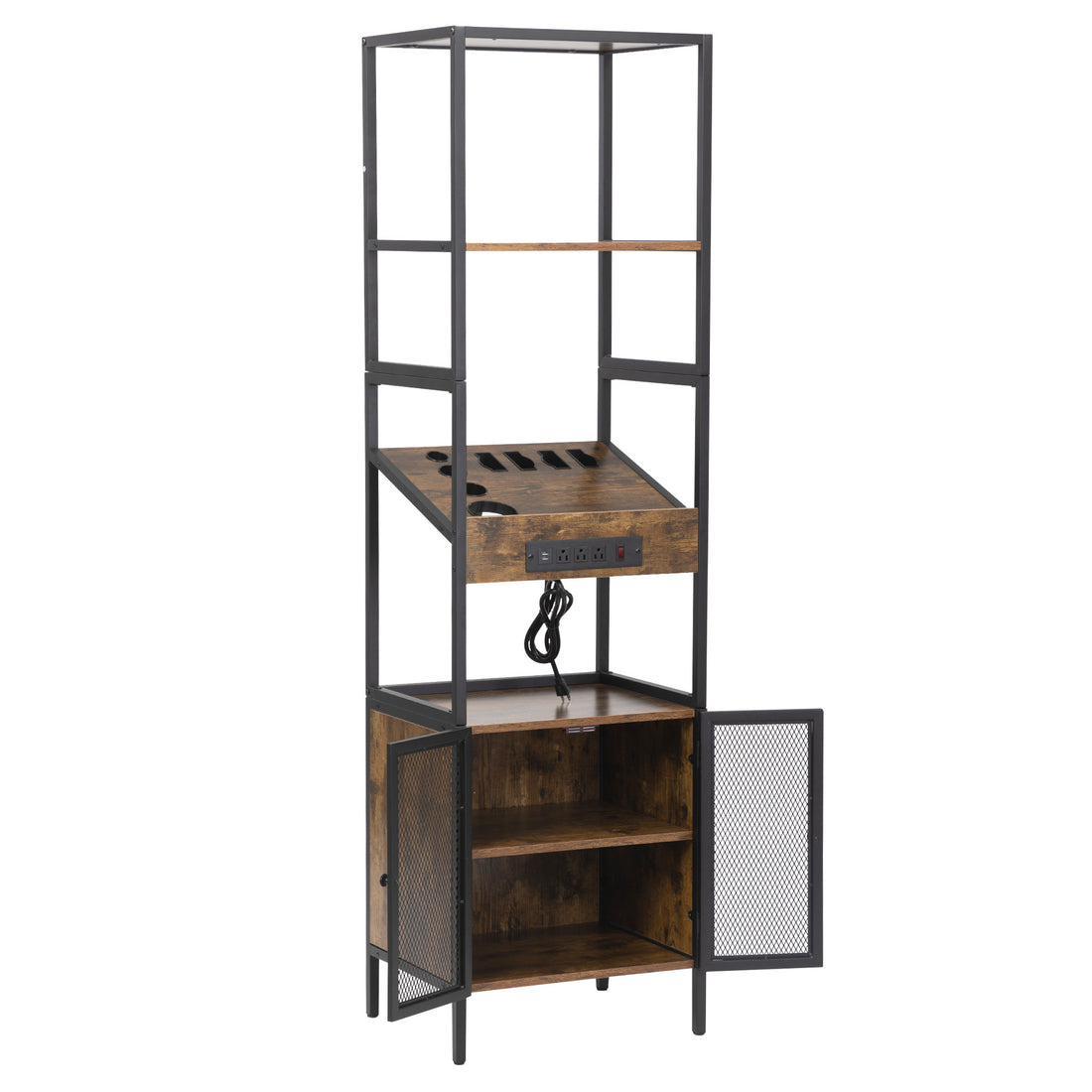 Salon Storage Cabinet With Open Shelves And Hair Dryer Holders, Vintage Brown Brown Mdf