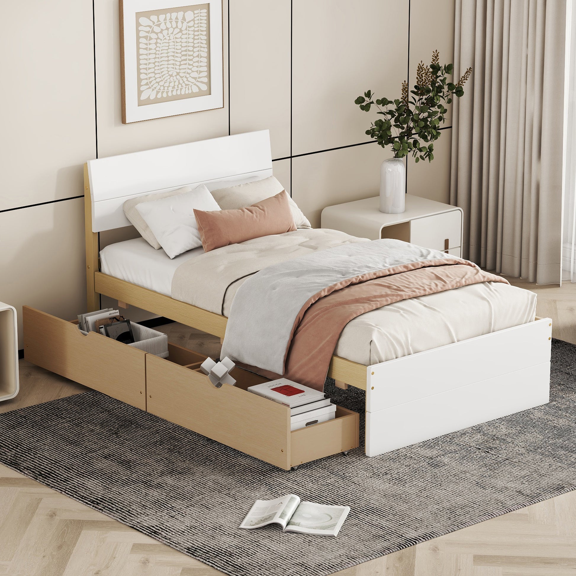 Modern Twin Bed Frame With 2 Drawers For White High Gloss Headboard And Footboard With Light Oak Color Box Spring Not Required Twin White Light Oak Bedroom Bed Frame Mdf,Rubber Wood