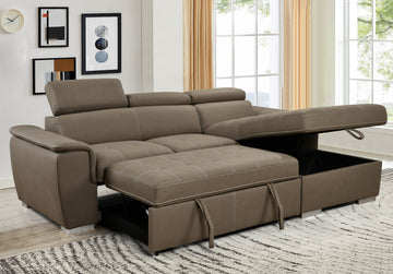 97 Inch Convertible Sectional Sofa With Storage Chaise, Adjustable Headrests, Contemporary L Shaped Sleeper Corner Sectional Sofa With A Pull Out Bed ,Brown Light Brown Wood Primary Living Space Heavy Duty Eucalyptus 3 Seat Brown Microfiber Soft Cushion