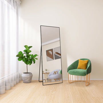 Tempered Mirror 64" X 24" Tall Full Length Mirror With Stand, Black Wall Mounting Full Body Mirror, Metal Frame Full Length Mirror For Living Room, Bedroom Black Glass