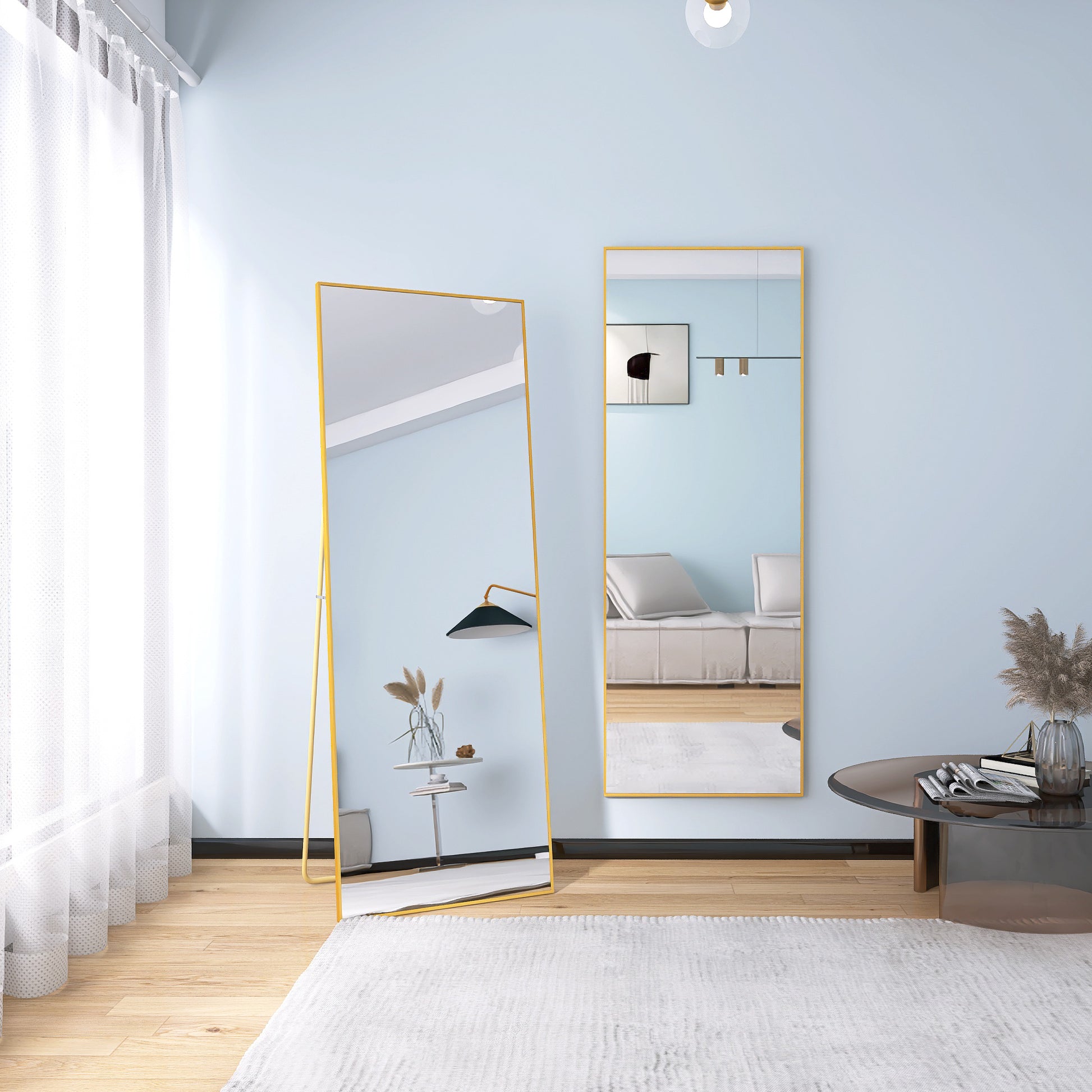 Tempered Mirror 64" X 24" Tall Full Length Mirror With Stand, Gold Wall Mounting Full Body Mirror, Metal Frame Full Length Mirror For Living Room, Bedroom Gold Glass