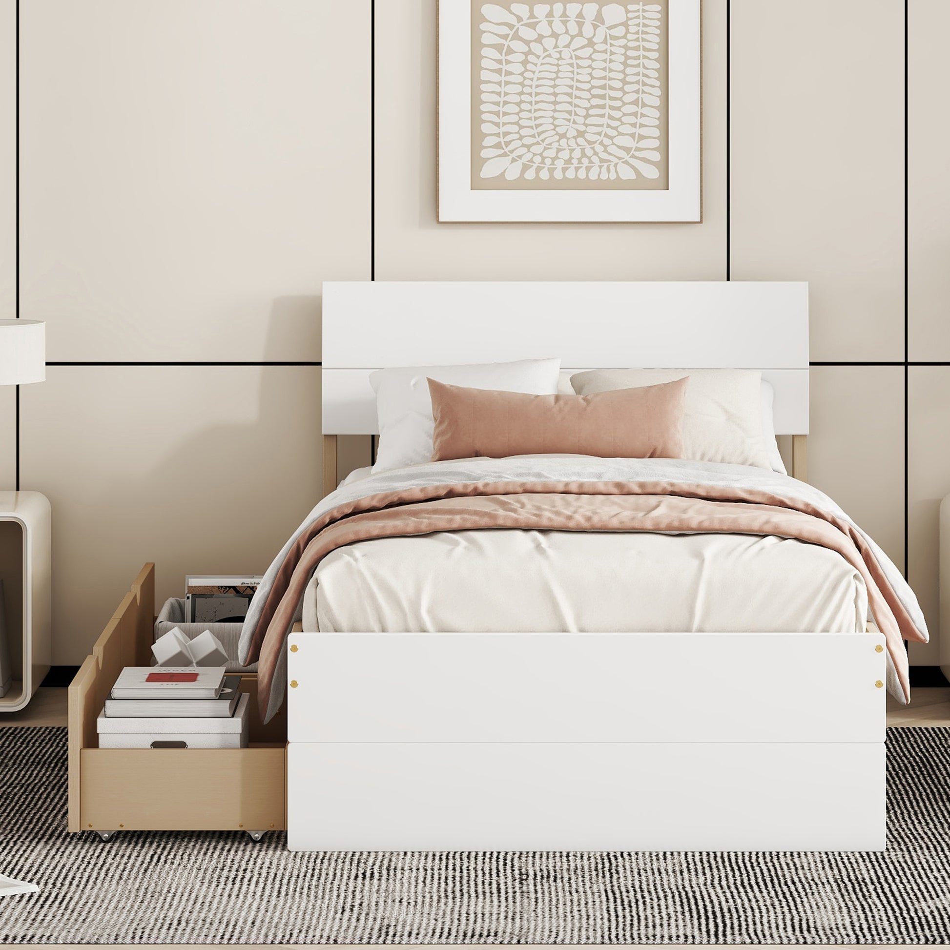 Modern Twin Bed Frame With 2 Drawers For White High Gloss Headboard And Footboard With Light Oak Color Box Spring Not Required Twin White Light Oak Bedroom Bed Frame Mdf,Rubber Wood