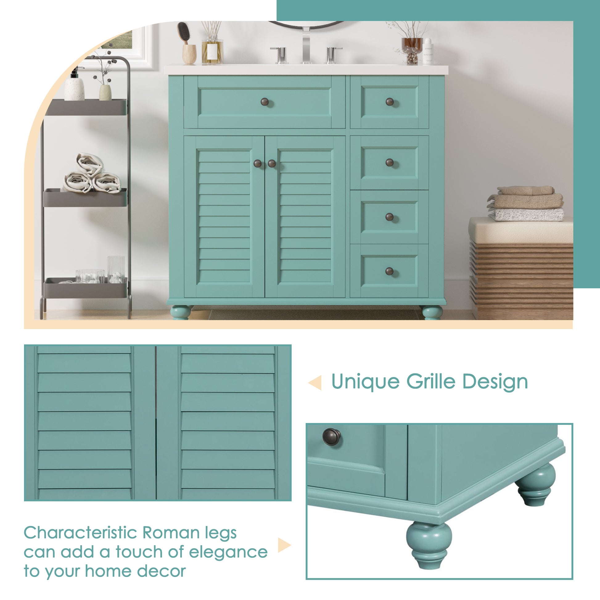 36'' Bathroom Vanity With Undermount Sink,Free Standing Vanity Set With 2 Drawers& Soft Closing Doors,Solid Wood Frame Bathroom Storage Cabinet Same As Sw000117Aaf Blue Green Bathroom Modern Solid