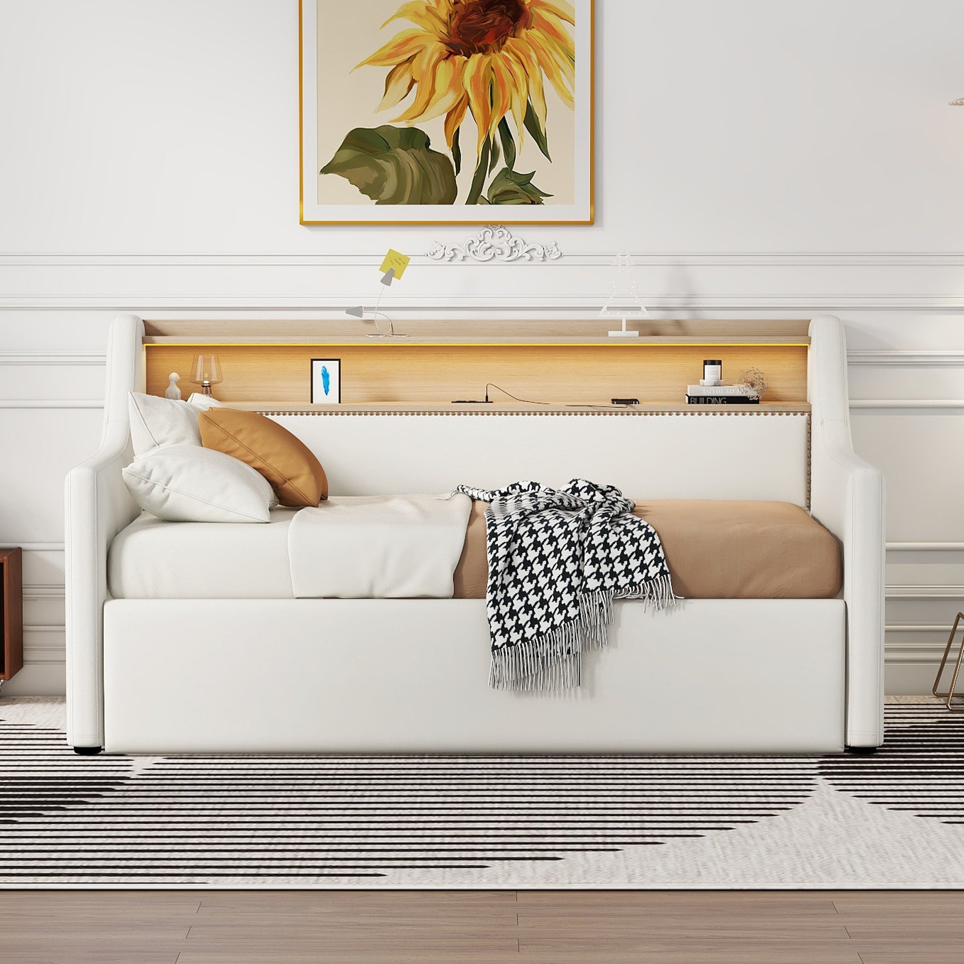 Twin Size Daybed With Hydraulic Storage, Upholstered Daybed With Lift Up Storage, Twin Leather Daybed With Charging Station And Led Lights,White Expect Arrival Date Feb.13Rd Twin White Pu Leather