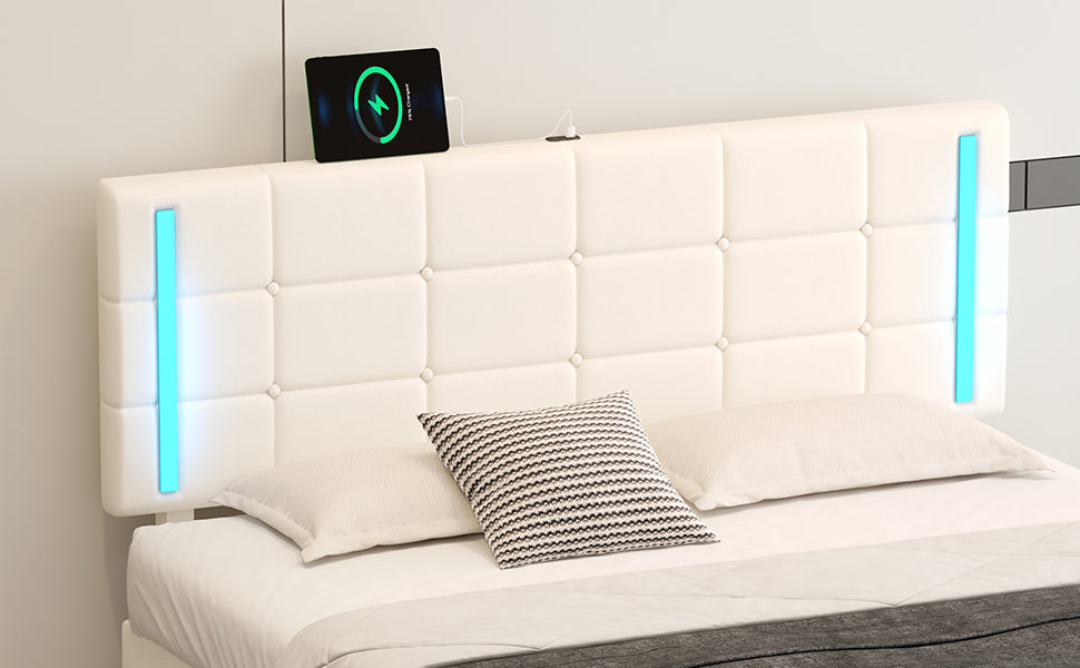Queen Size Upholstered Bed With Led Lights,Hydraulic Storage System And Usb Charging Station,White White Pu