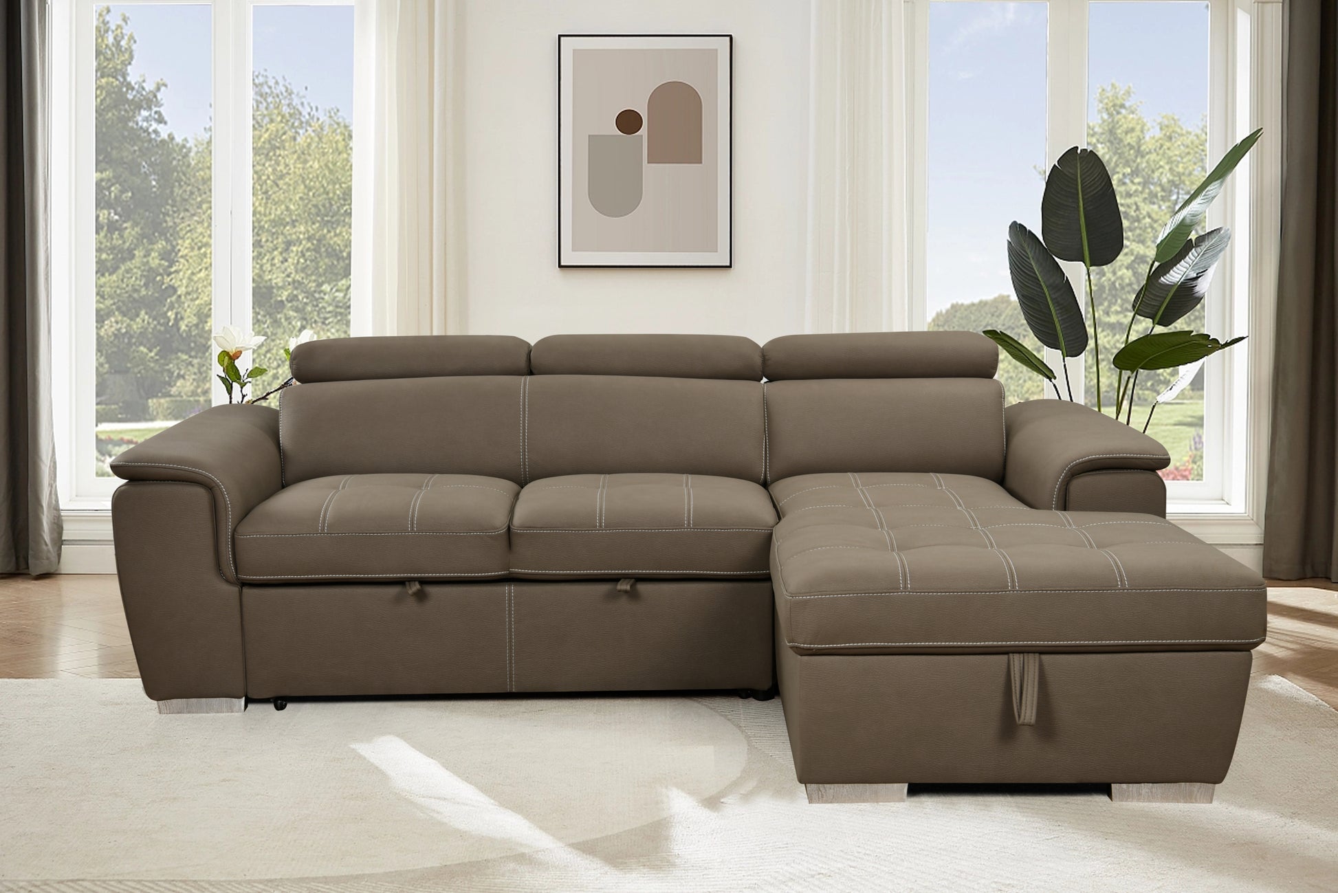 97 Inch Convertible Sectional Sofa With Storage Chaise, Adjustable Headrests, Contemporary L Shaped Sleeper Corner Sectional Sofa With A Pull Out Bed ,Brown Light Brown Wood Primary Living Space Heavy Duty Eucalyptus 3 Seat Brown Microfiber Soft Cushion