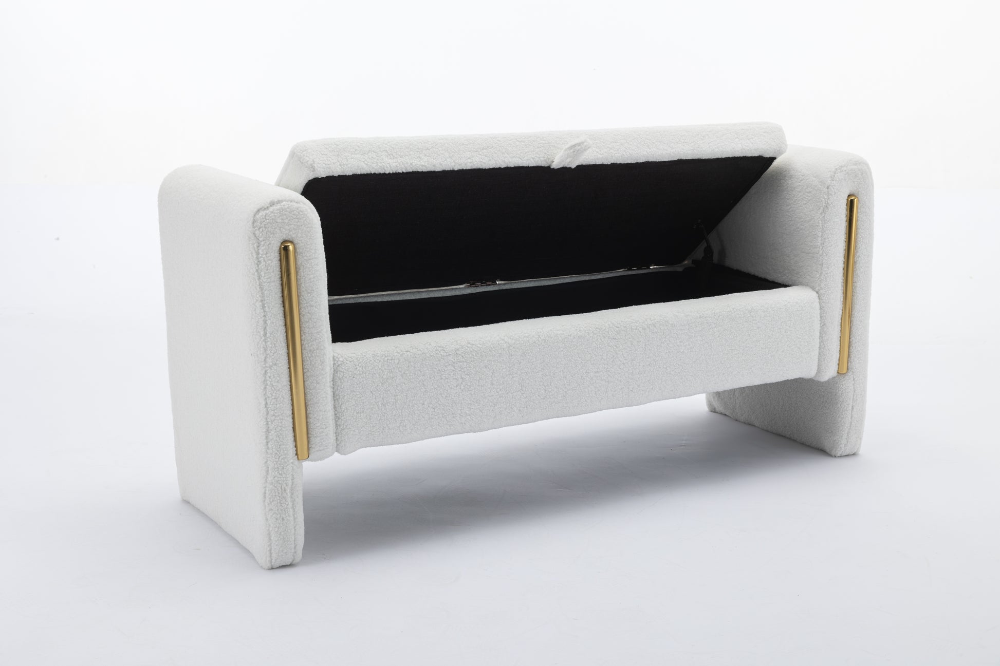 032 Teddy Fabric Storage Bench Bedroom Bench With Gold Metal Trim Strip For Living Room Bedroom Indoor,Ivory Armrest Ivory Polyester Bedroom Solid White Modern Eucalyptus Wood Internal Storage Foam Teddy