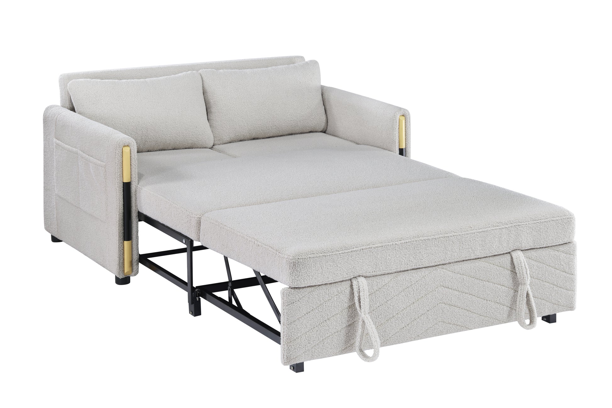 Percy 55.5"W Beige Teddy Velvet Sleeper Loveseat With Dual Pull Sleeper Design Beige Fabric