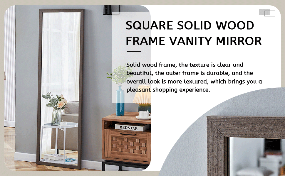 Third Generation Packaging Upgrade, Thickened Frame, Gray Wood Grain Solid Wood Frame Full Length Mirror, Dressing Mirror, Bedroom Entrance, Decorative Mirror, Floor Standing Mirror. 57.9 "* 18.1" Gray Solid Wood