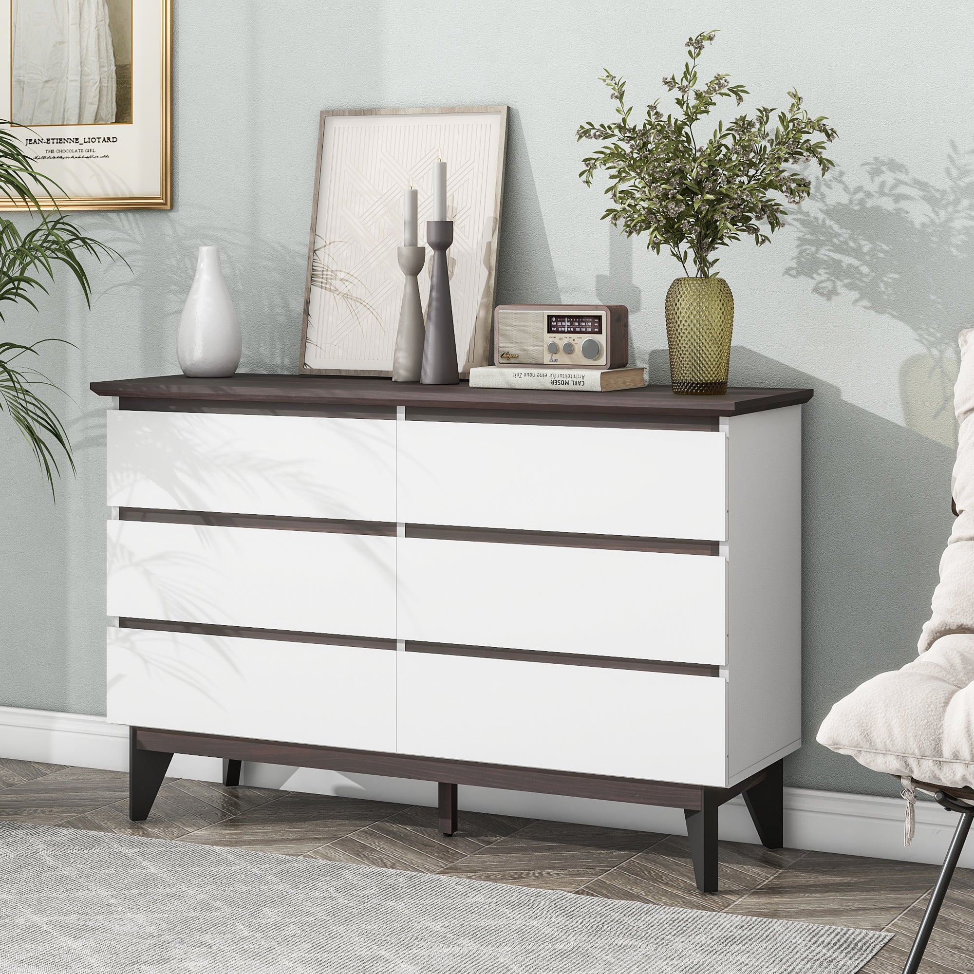 6 Drawer Double Dresser With Wide Drawers,White Dresser For Bedroom, Wood Storage Chest Of Drawers For Living Room Hallway Entryway, 47.2'' W X 15.74'' D X 30 .7''H White Particle Board