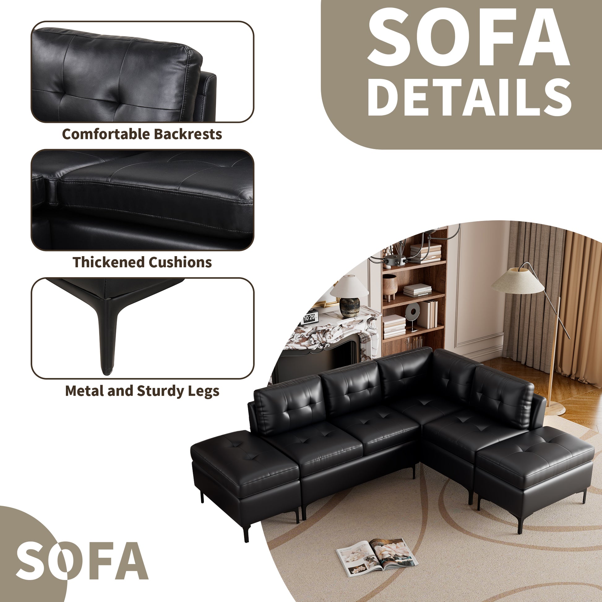 94.88" L Shaped Corner Sofa Pu Leather Sectional Sofa Couch With Movable Storage Ottomans For Living Room, Black Black Foam Pu Leather