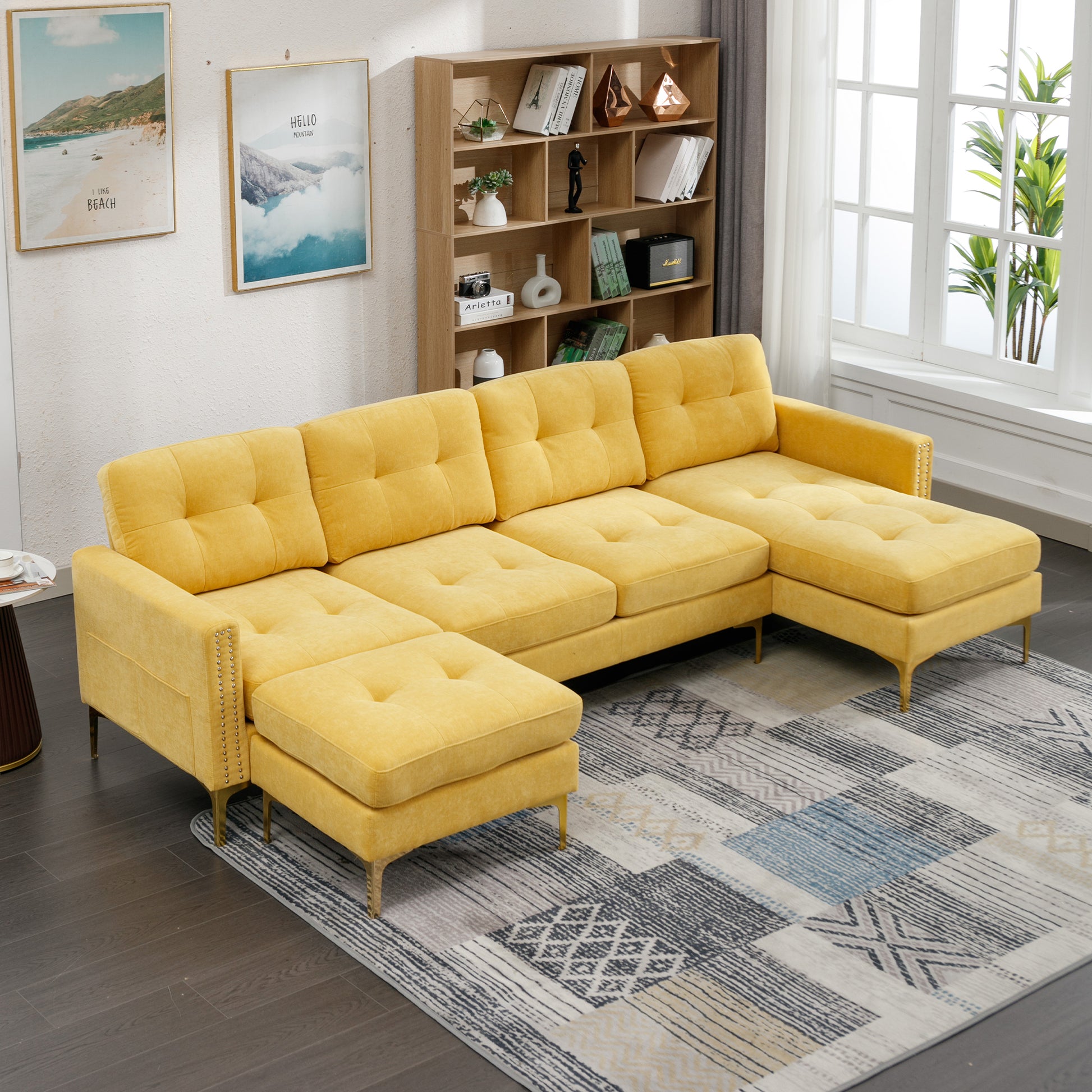 110" L Shape Convertible Sectional Sofa Couch With Movable Ottoman For Living Room, Apartment, Office, Yellow Yellow Foam Velvet 4 Seat