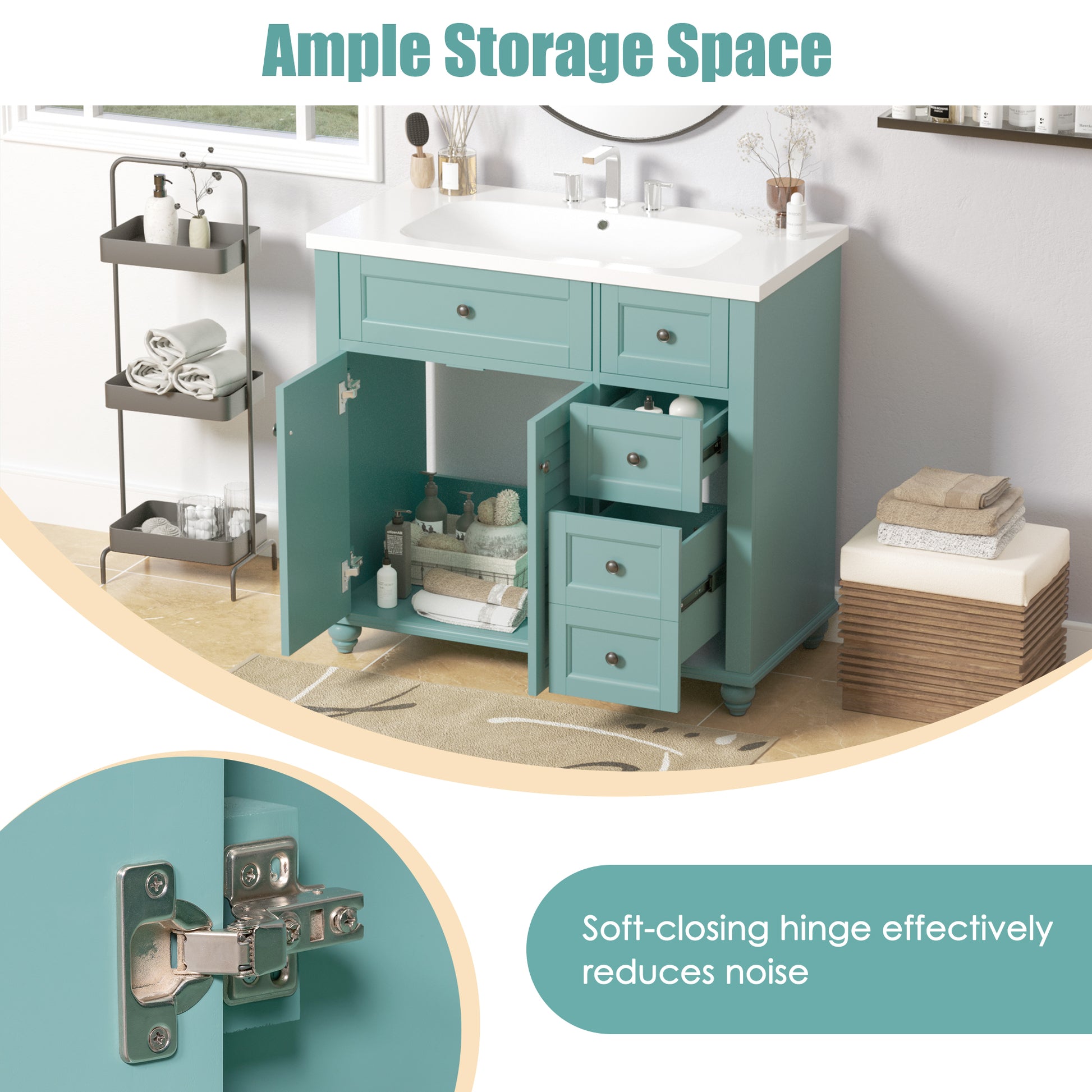 36'' Bathroom Vanity With Undermount Sink,Free Standing Vanity Set With 2 Drawers& Soft Closing Doors,Solid Wood Frame Bathroom Storage Cabinet Same As Sw000117Aaf Blue Green Bathroom Modern Solid