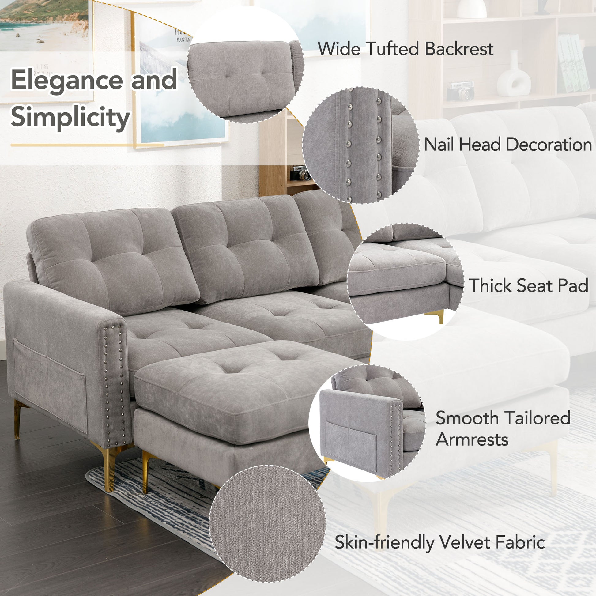 110" L Shape Convertible Sectional Sofa Couch With Movable Ottoman For Living Room, Apartment, Office, Light Grey Light Grey Foam Velvet 4 Seat