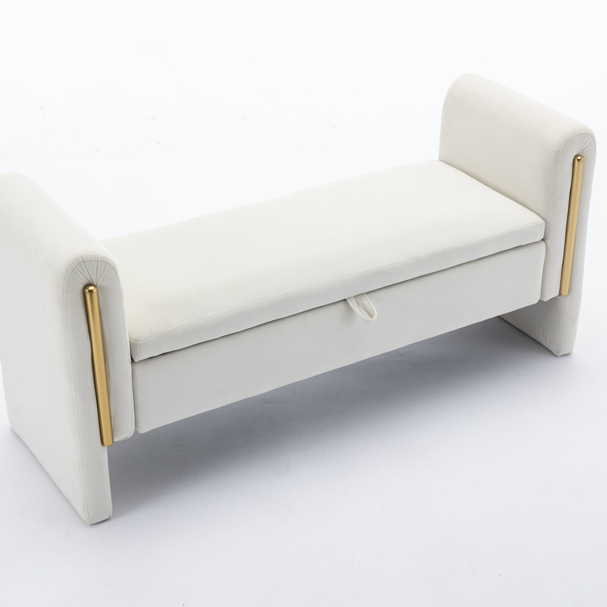 032 Velvet Fabric Storage Bench Bedroom Bench With Gold Metal Trim Strip For Living Room Bedroom Indoor,Ivory Armrest Ivory Velvet Bedroom Solid Modern Eucalyptus Wood Internal Storage Foam Velvet