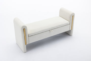 032 Velvet Fabric Storage Bench Bedroom Bench With Gold Metal Trim Strip For Living Room Bedroom Indoor,Ivory Armrest Ivory Velvet Bedroom Solid Modern Eucalyptus Wood Internal Storage Foam Velvet