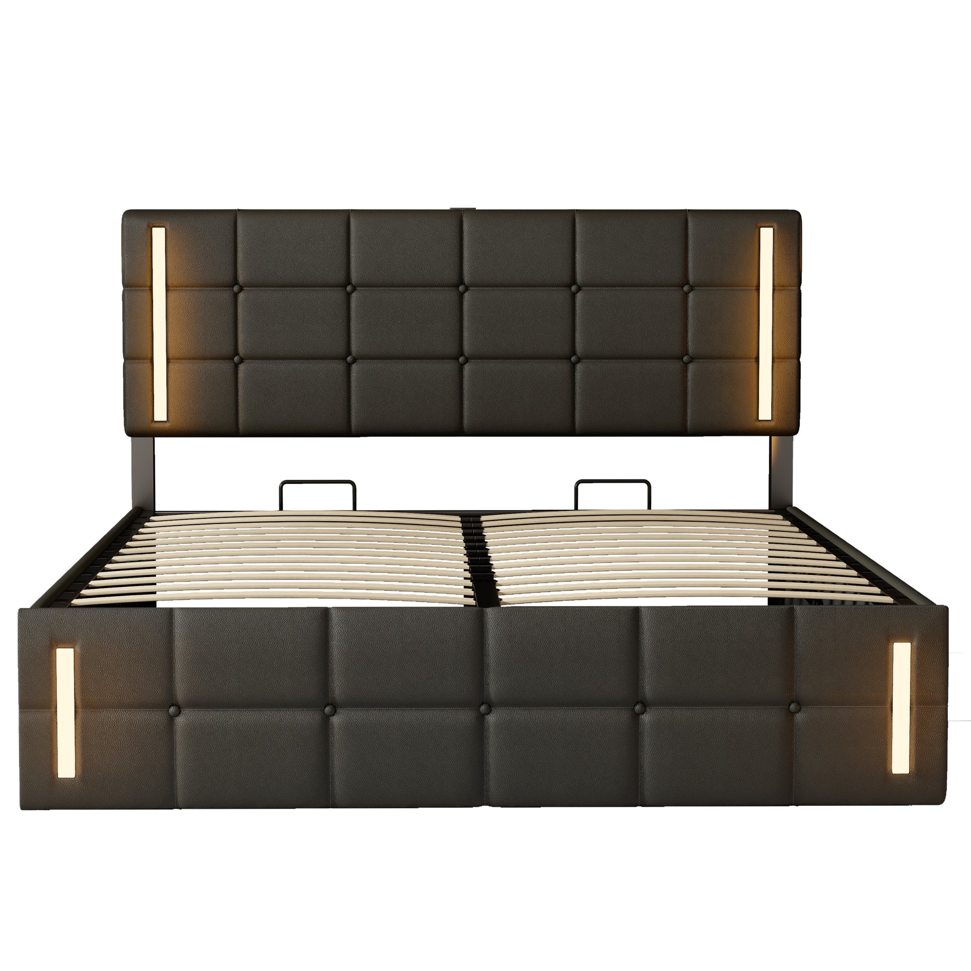 Queen Size Upholstered Bed With Led Lights,Hydraulic Storage System And Usb Charging Station,Black Black Pu