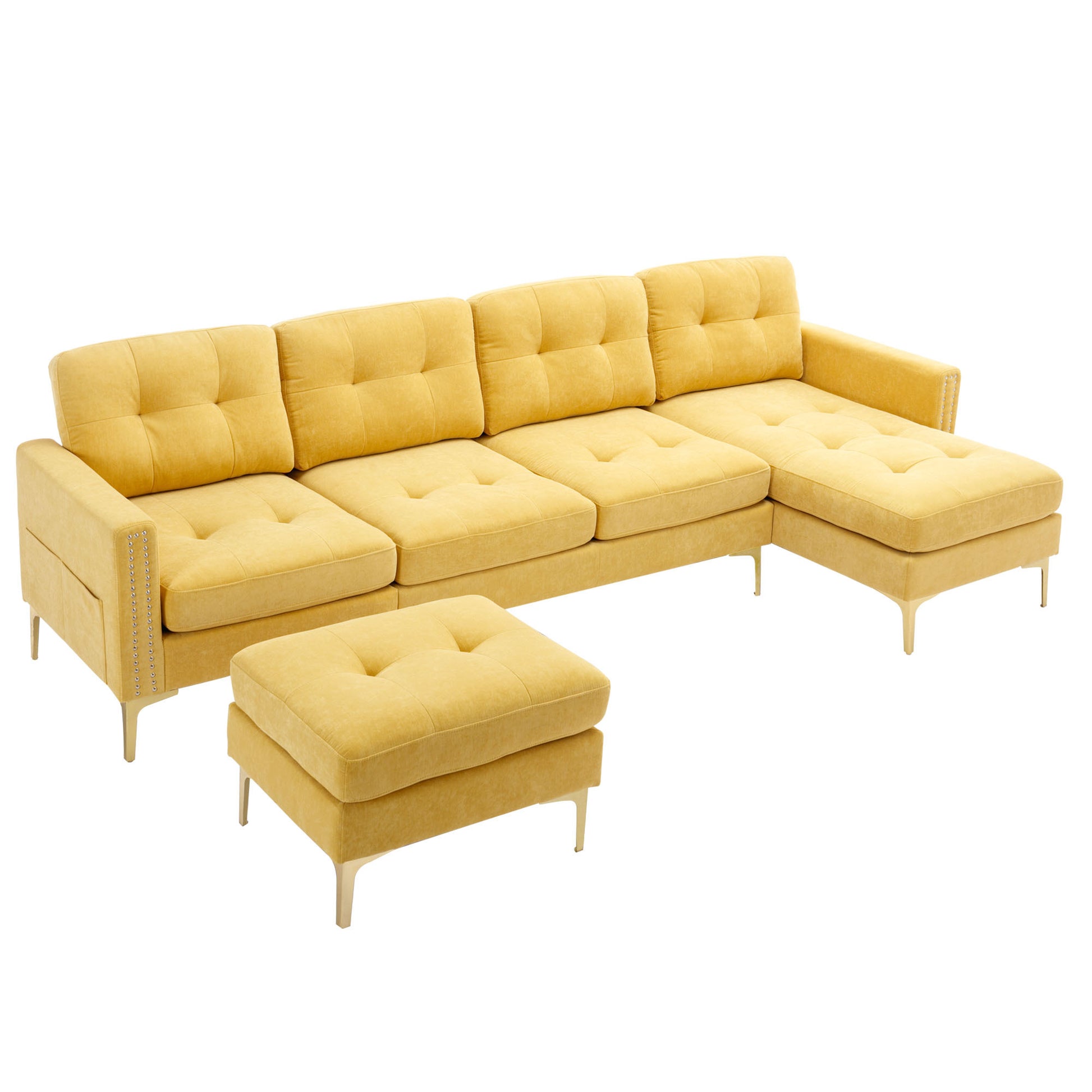 110" L Shape Convertible Sectional Sofa Couch With Movable Ottoman For Living Room, Apartment, Office, Yellow Yellow Foam Velvet 4 Seat