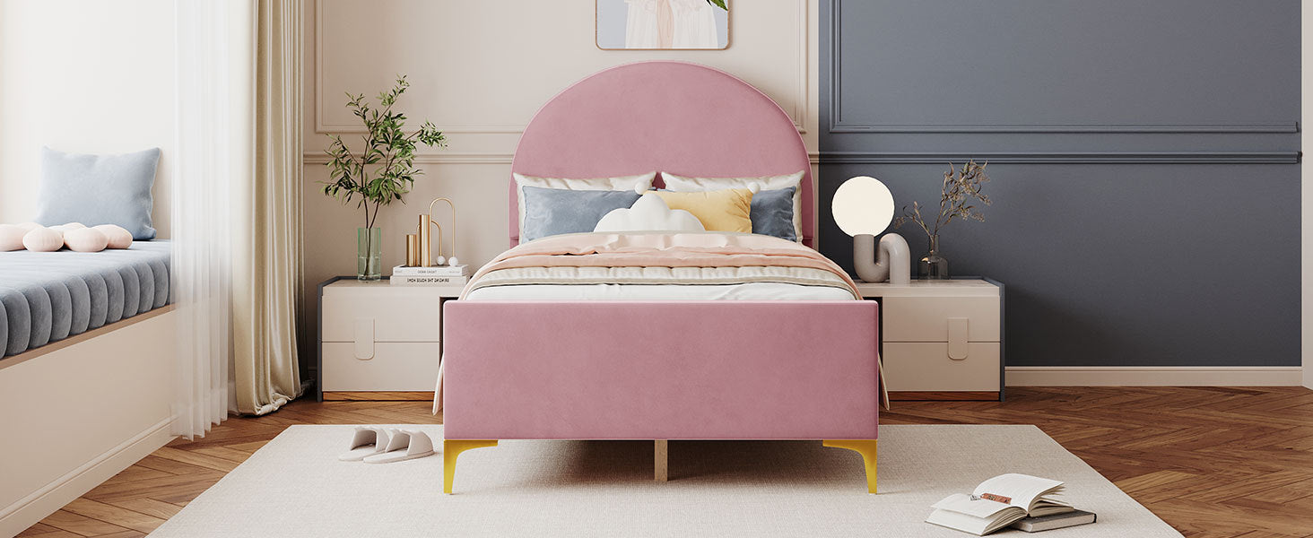 Twin Size Upholstered Platform Bed With Classic Semi Circle Shaped Headboard And Mental Legs, Velvet, Pink Pink Velvet