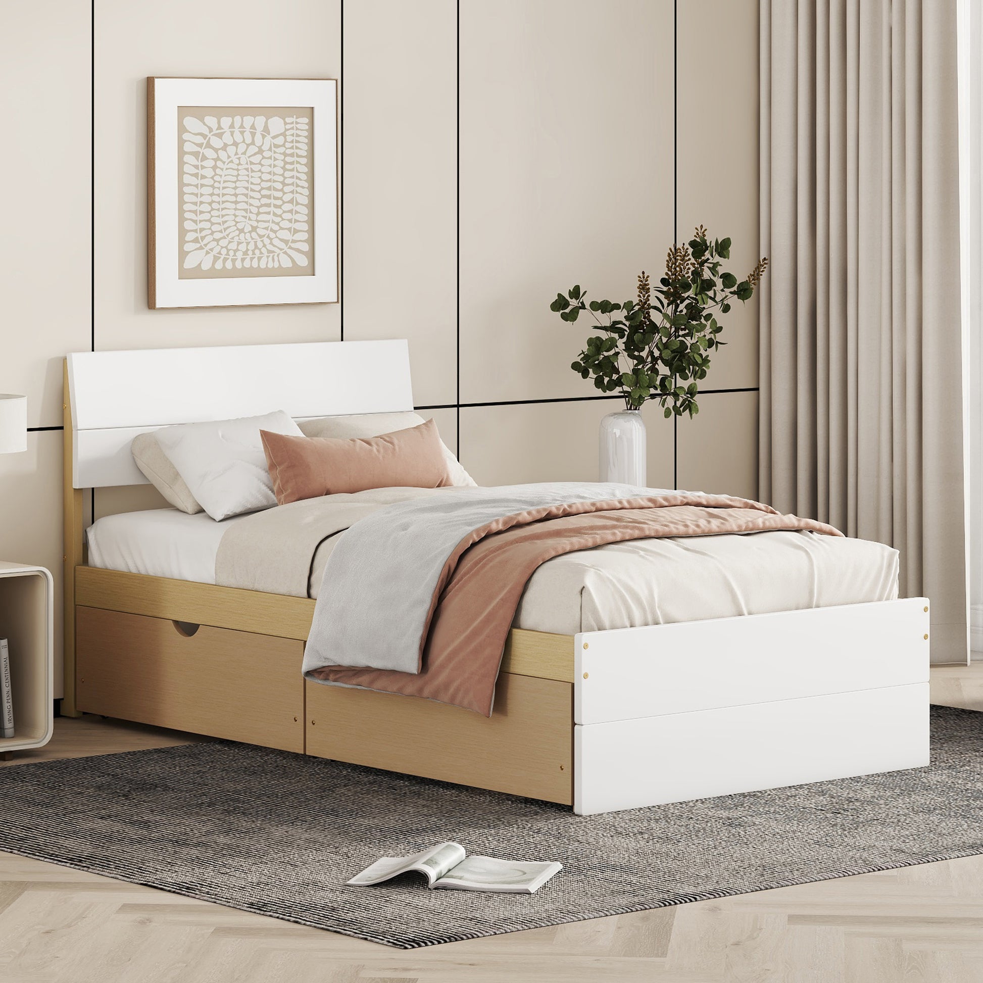 Modern Twin Bed Frame With 2 Drawers For White High Gloss Headboard And Footboard With Light Oak Color Box Spring Not Required Twin White Light Oak Bedroom Bed Frame Mdf,Rubber Wood