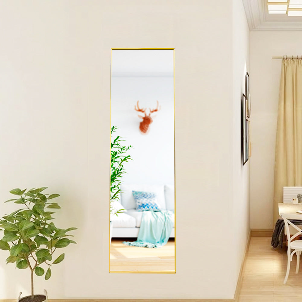 Tempered Mirror 59" X 16" Tall Full Length Mirror With Stand, Gold Wall Mounting Full Body Mirror, Metal Frame Full Length Mirror For Living Room, Bedroom Gold Glass