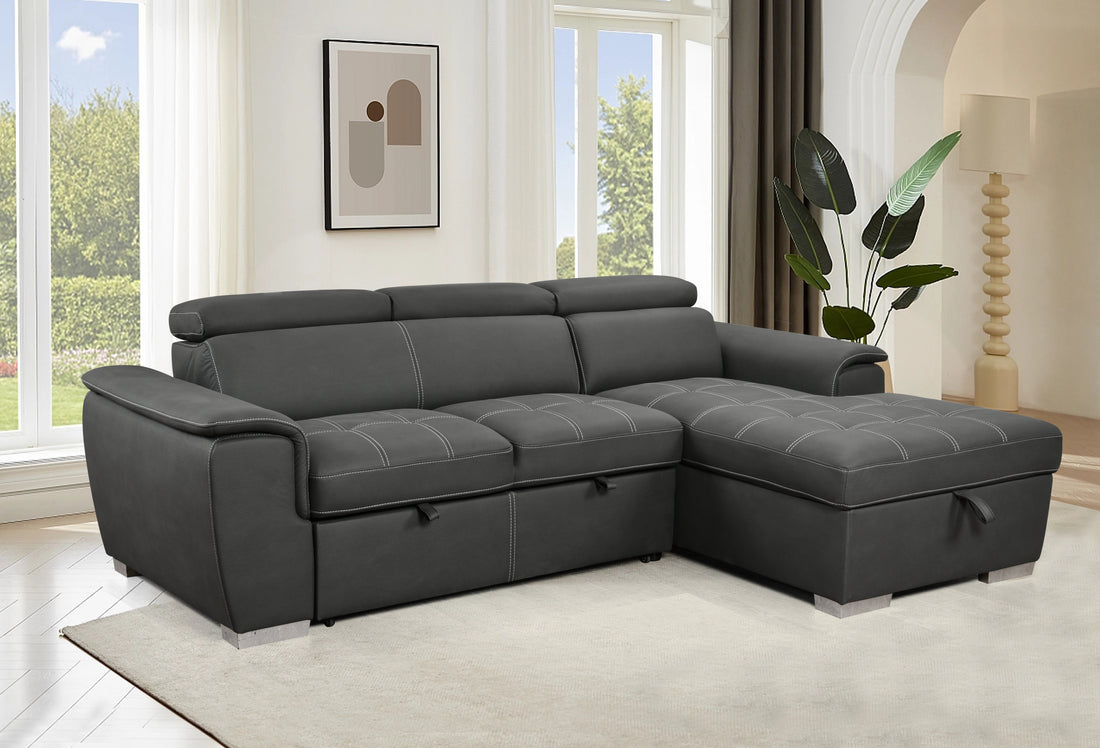 97 Inch Convertible Sectional Sofa With Storage Chaise, Adjustable Headrests, Contemporary L Shaped Sleeper Corner Sectional Sofa With A Pull Out Bed ,Gray Light Brown Wood Primary Living Space Heavy Duty Eucalyptus 3 Seat Gray Microfiber Soft Cushion