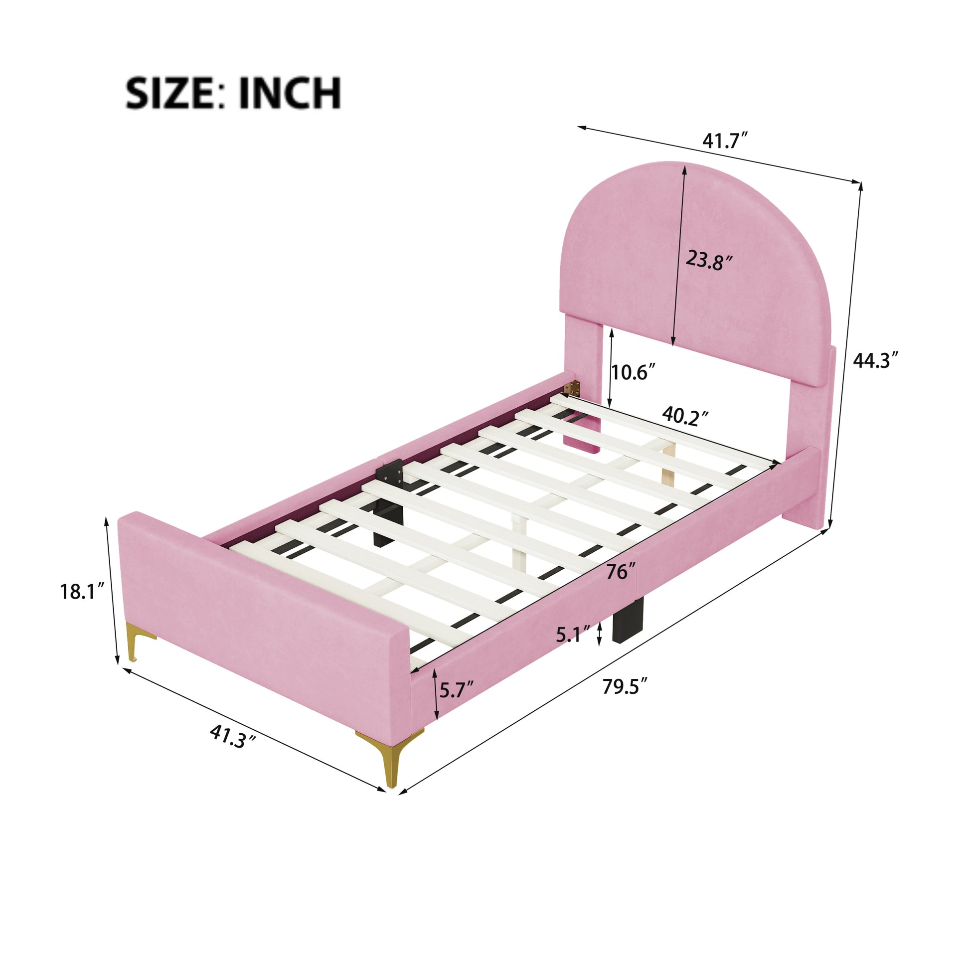 Twin Size Upholstered Platform Bed With Classic Semi Circle Shaped Headboard And Mental Legs, Velvet, Pink Pink Velvet