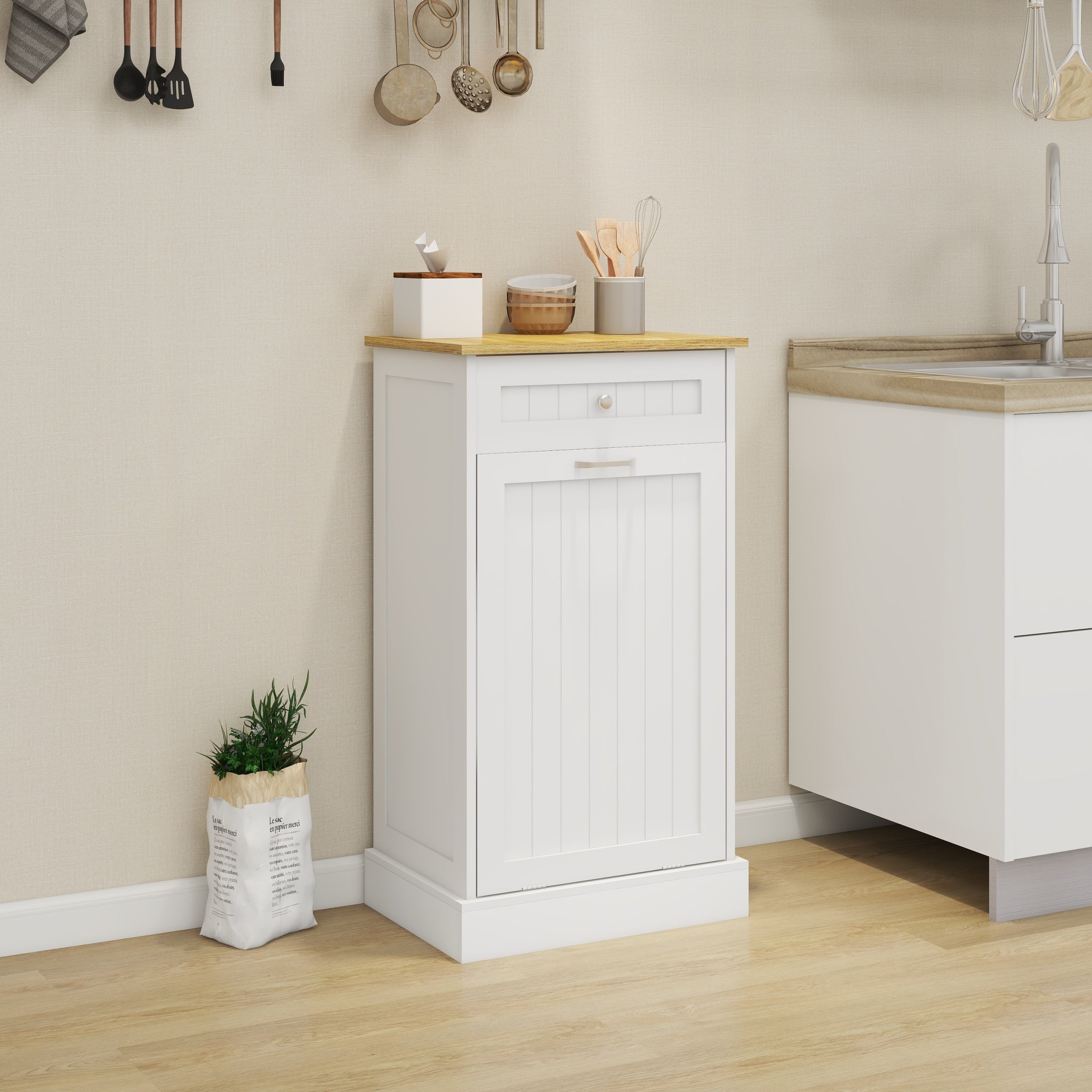 One Drawers And One Compartment Tilt Out Trash Cabinet Kitchen Trash Cabinet White White Mdf