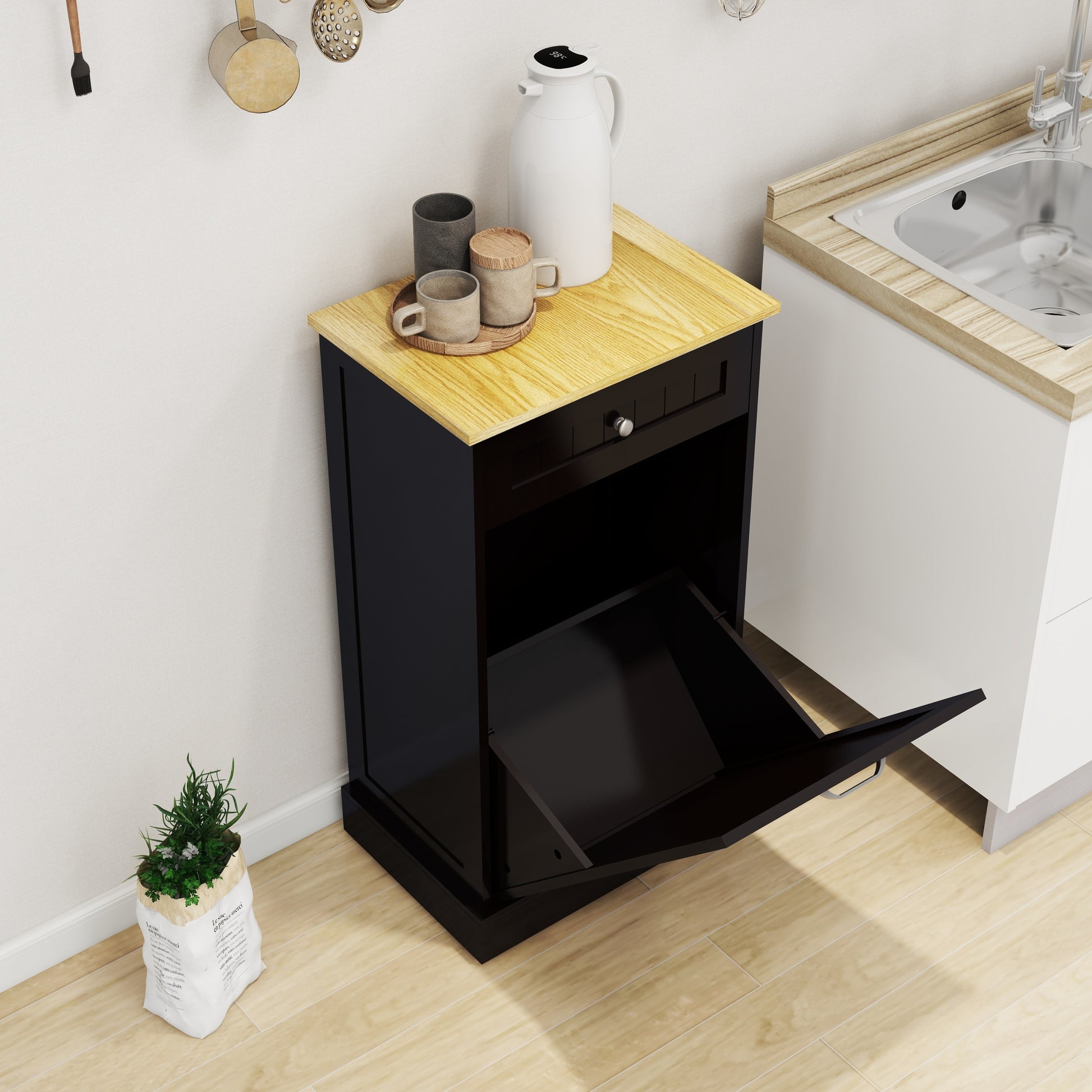 One Drawers And One Compartment Tilt Out Trash Cabinet Kitchen Trash Cabinet Black Black Mdf