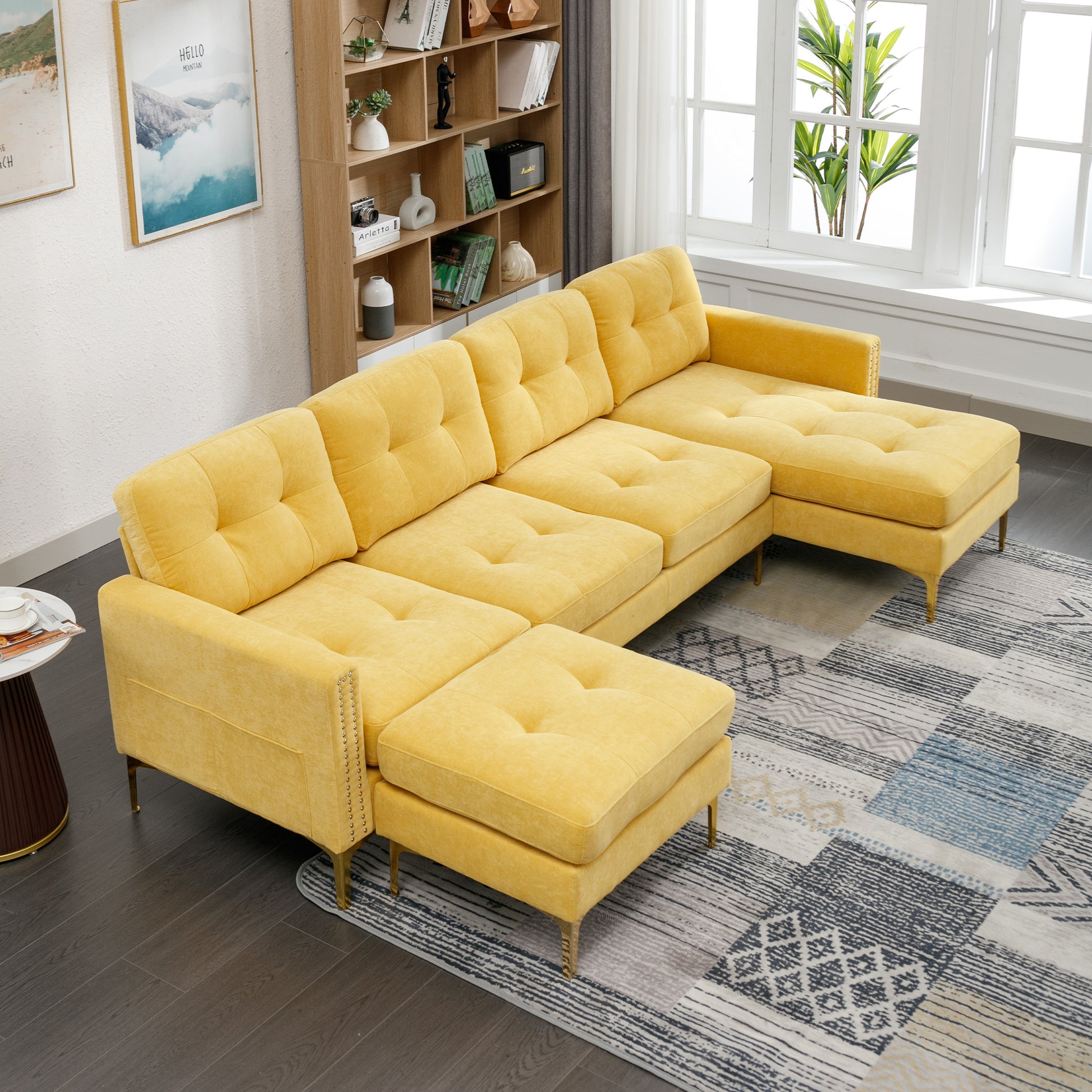 110" L Shape Convertible Sectional Sofa Couch With Movable Ottoman For Living Room, Apartment, Office, Yellow Yellow Foam Velvet 4 Seat