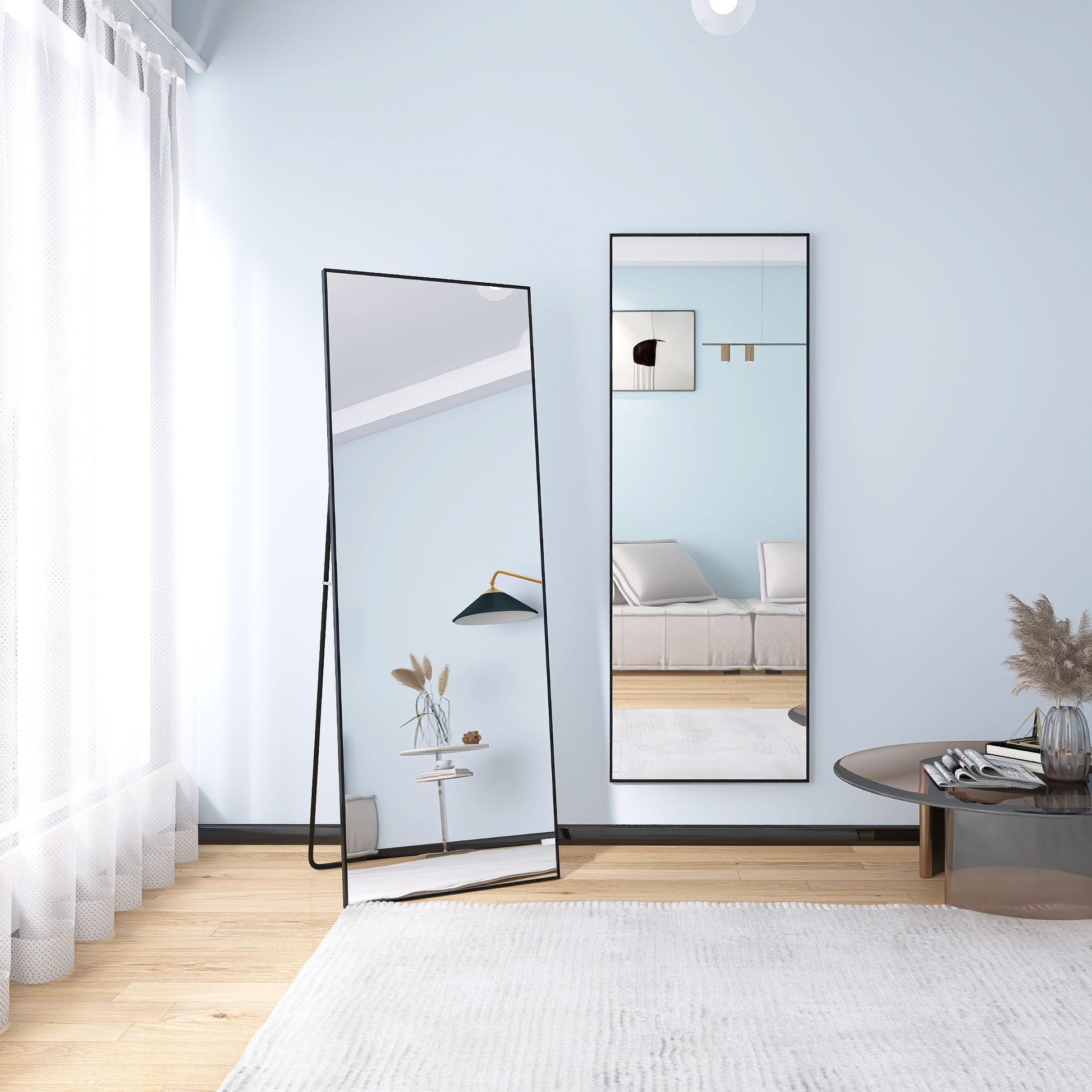 Tempered Mirror 64" X 24" Tall Full Length Mirror With Stand, Black Wall Mounting Full Body Mirror, Metal Frame Full Length Mirror For Living Room, Bedroom Black Glass