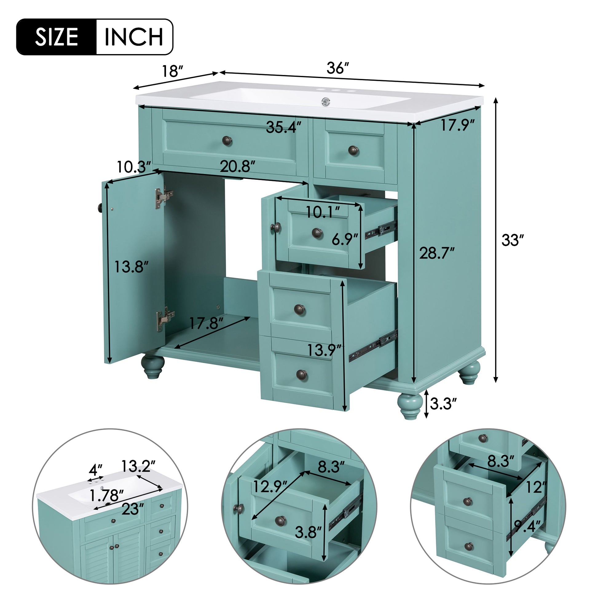 36'' Bathroom Vanity With Undermount Sink,Free Standing Vanity Set With 2 Drawers& Soft Closing Doors,Solid Wood Frame Bathroom Storage Cabinet 2 Blue Green 2 1 Soft Close Doors Bathroom Freestanding Solid Wood Mdf Resin Painted