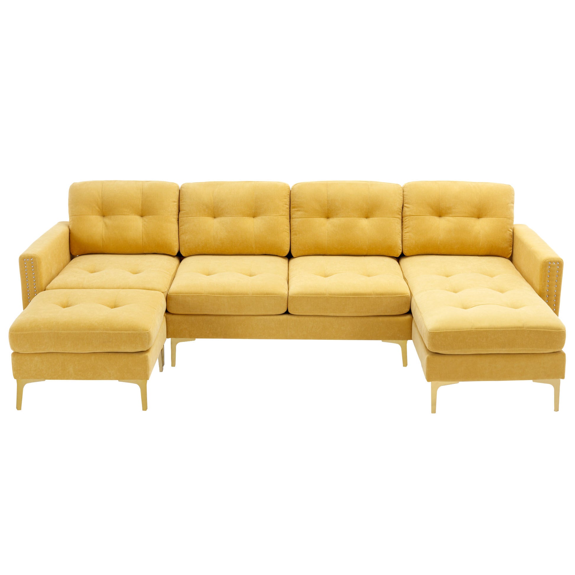 110" L Shape Convertible Sectional Sofa Couch With Movable Ottoman For Living Room, Apartment, Office, Yellow Yellow Foam Velvet 4 Seat