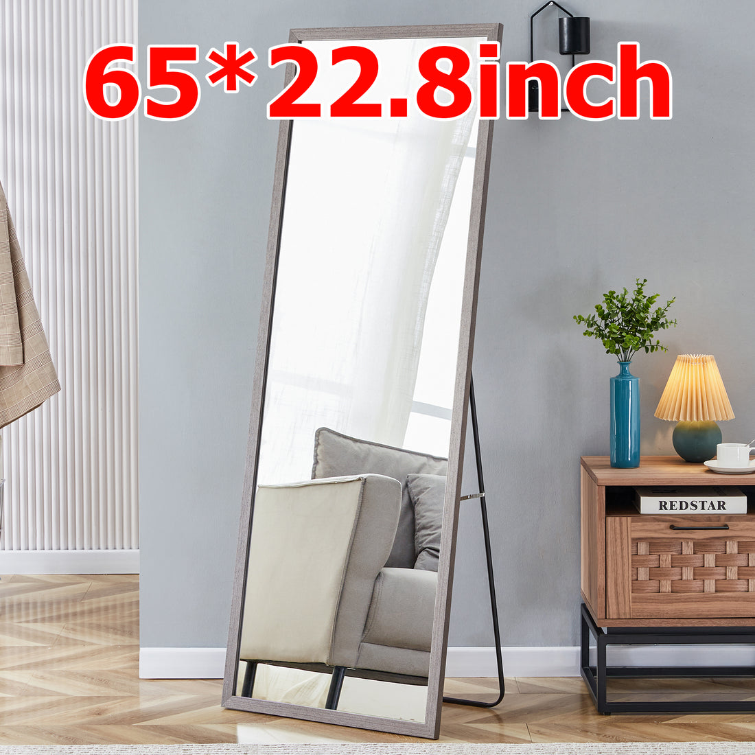 Third Generation Packaging Upgrade, Thickened Frame, Gray Wood Grain Solid Wood Frame Full Length Mirror, Dressing Mirror, Bedroom Entrance, Decorative Mirror, Floor Standing Mirror. 65"*22.8" Gray Solid Wood